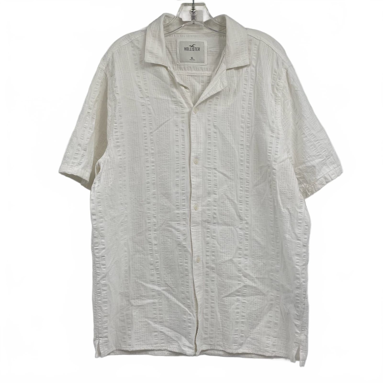 Hollister White Short Sleeve Textured Button Down Shirt