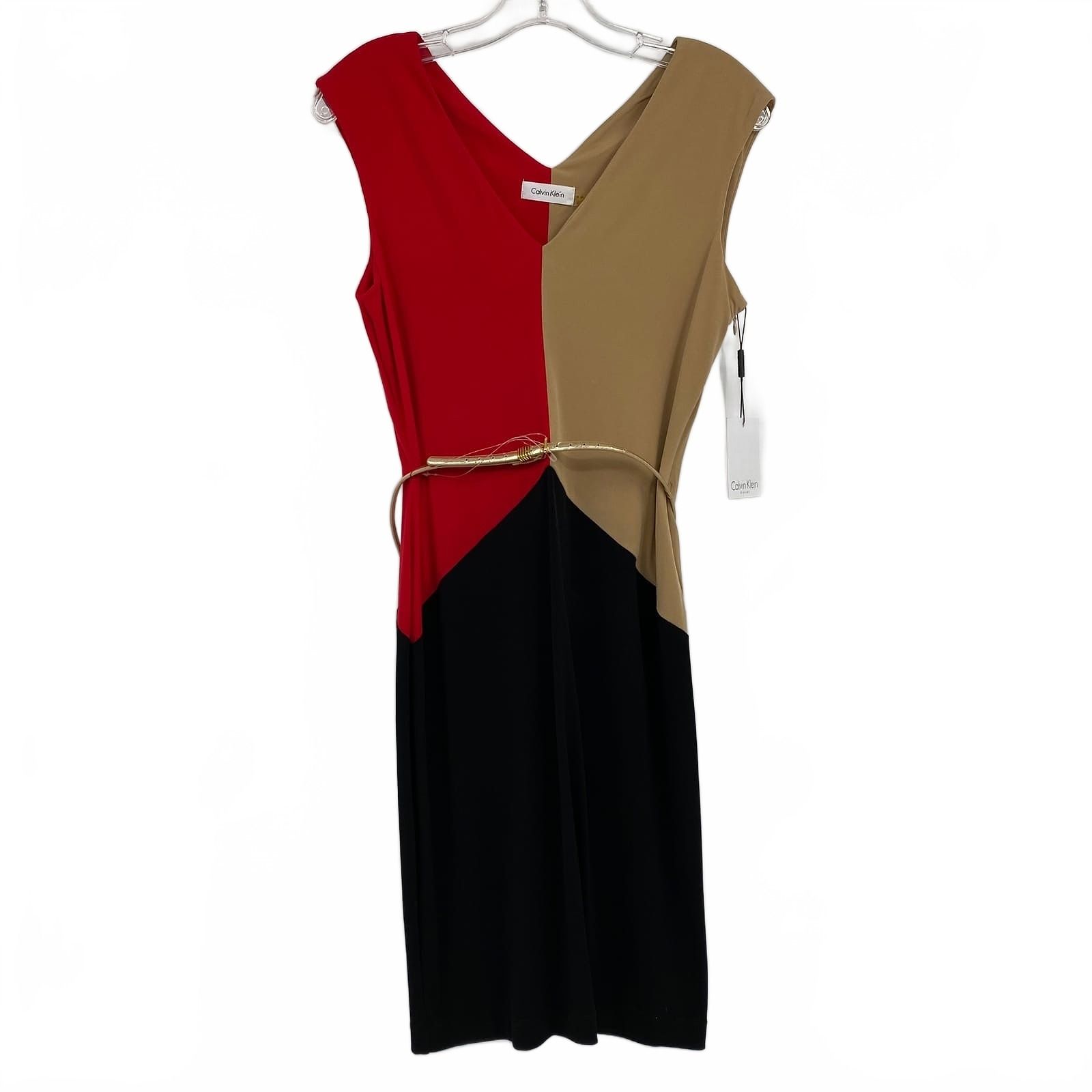 Calvin Klein Red Black Tan Colorblock Belted Mini Dress
