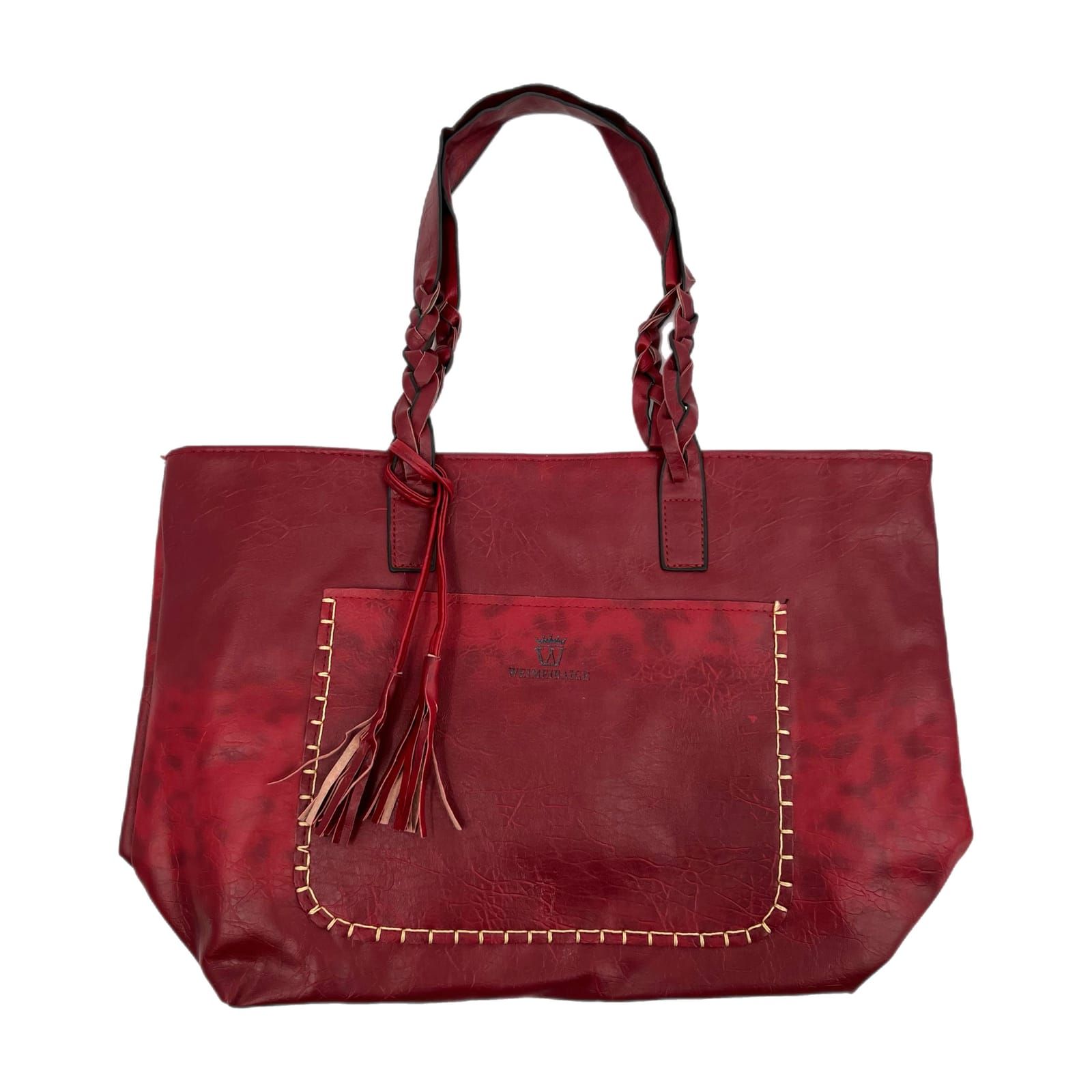Weimeibaige Red Faux Leather Braided Handle Tote