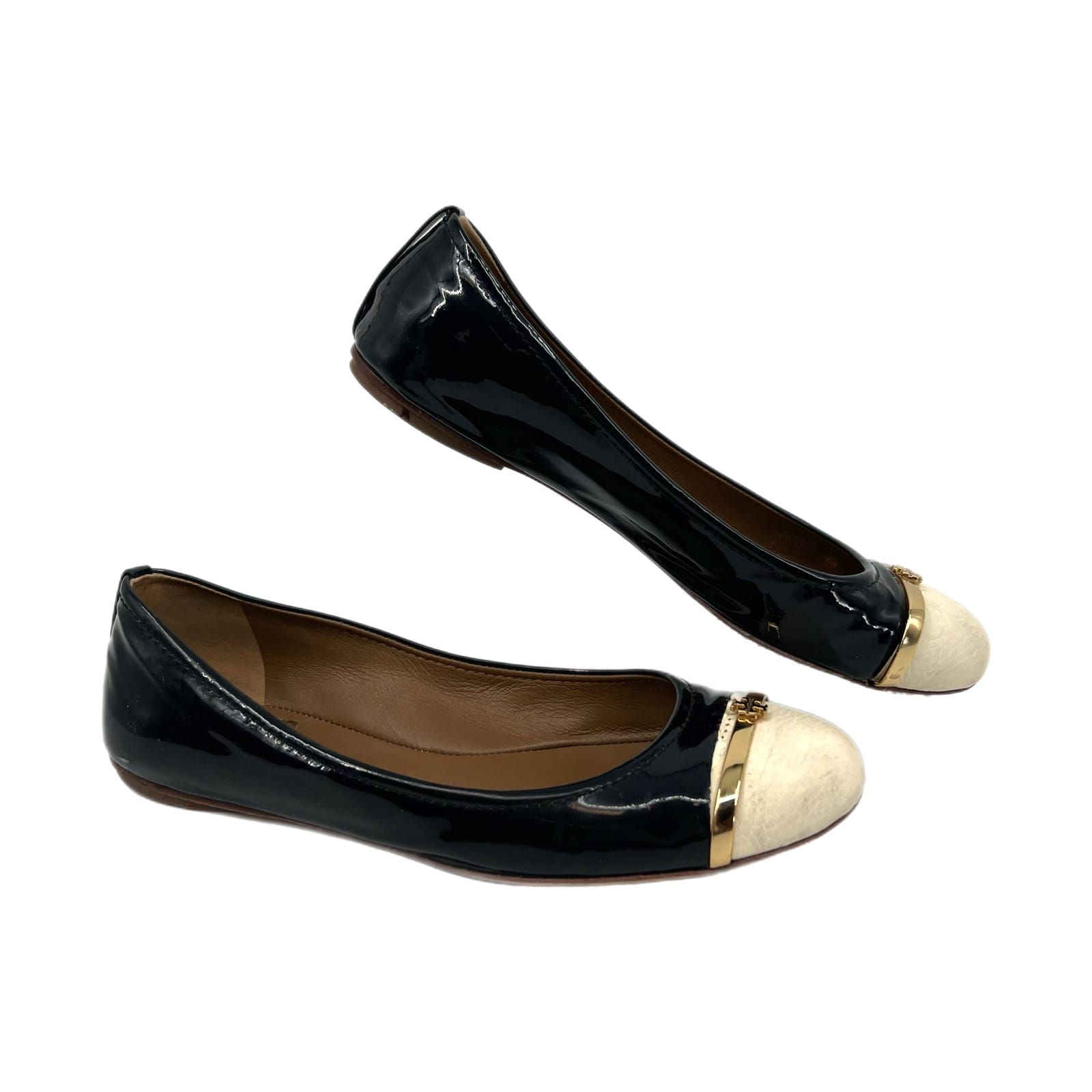 Tory Burch Blue and Cream Cap Toe Mini Logo Ballet Flats