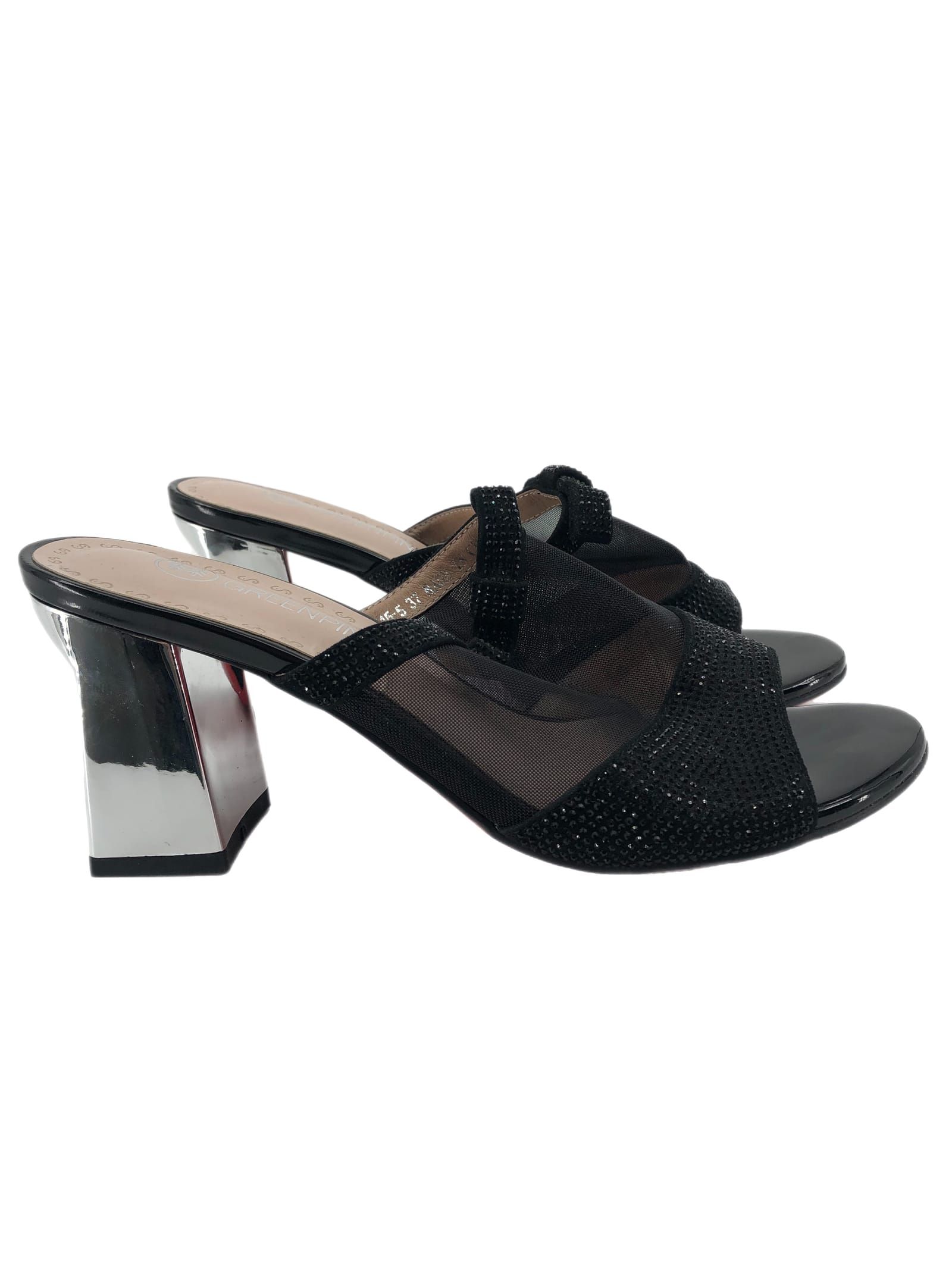 Black Silver Block Heel Shoes