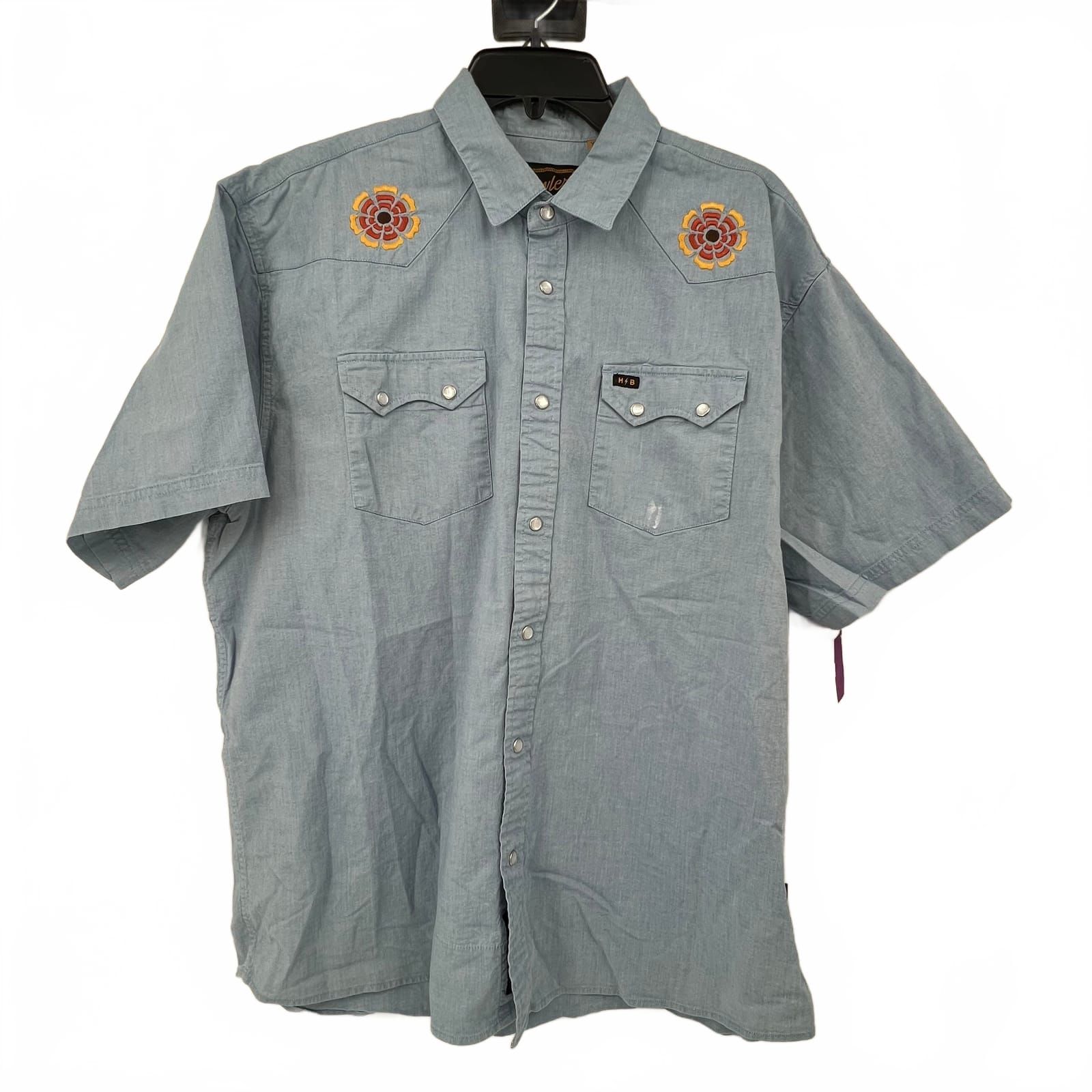 Howler Blue Button-Up Top with Embroidered Flowers