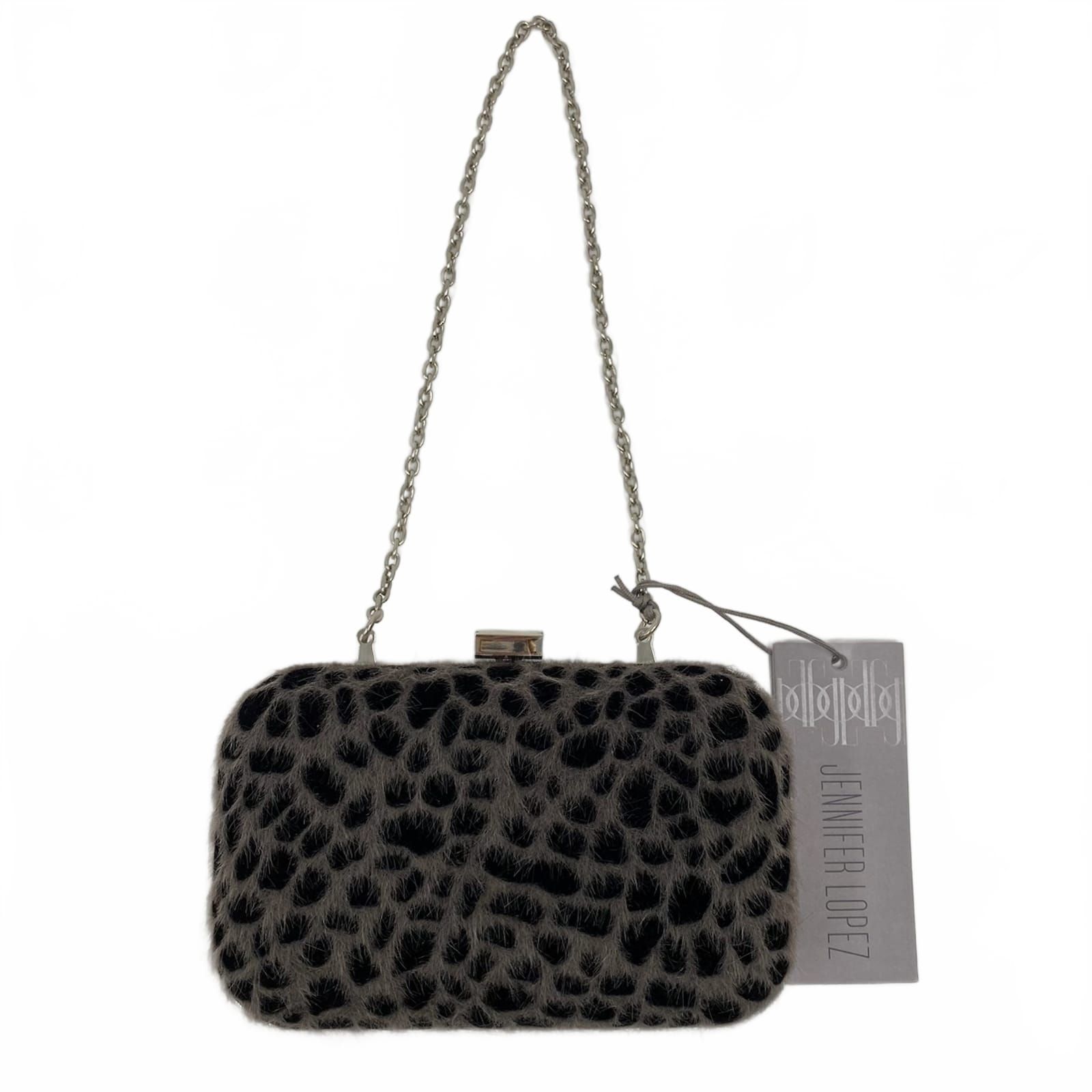 Jennifer Lopez Gray Black Fuzzy Spotted Chain Strap Push Lock Clutch