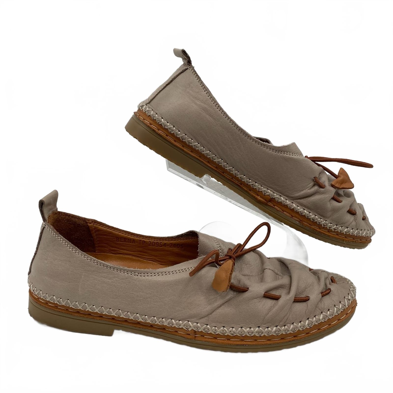 Spring Step Gray Tan Leather Drawstring Loafers