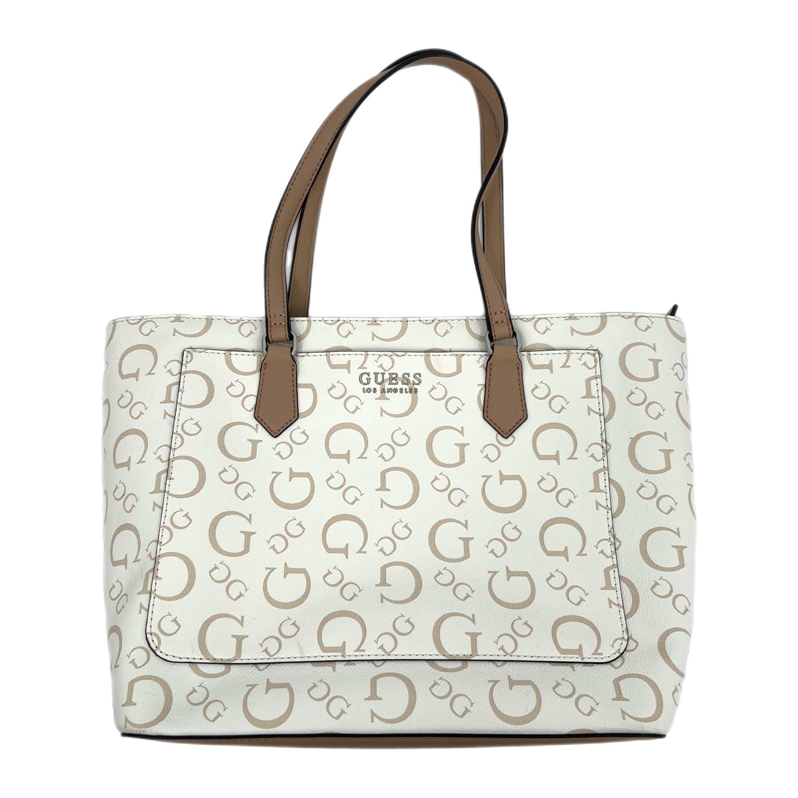 Guess Cream & Beige Logo Print Large Tote