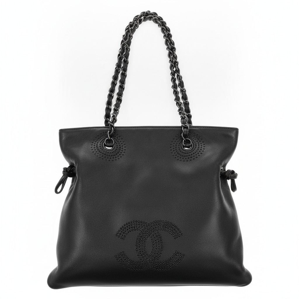 CHANEL Black Lambskin Studded Shoulder Bag