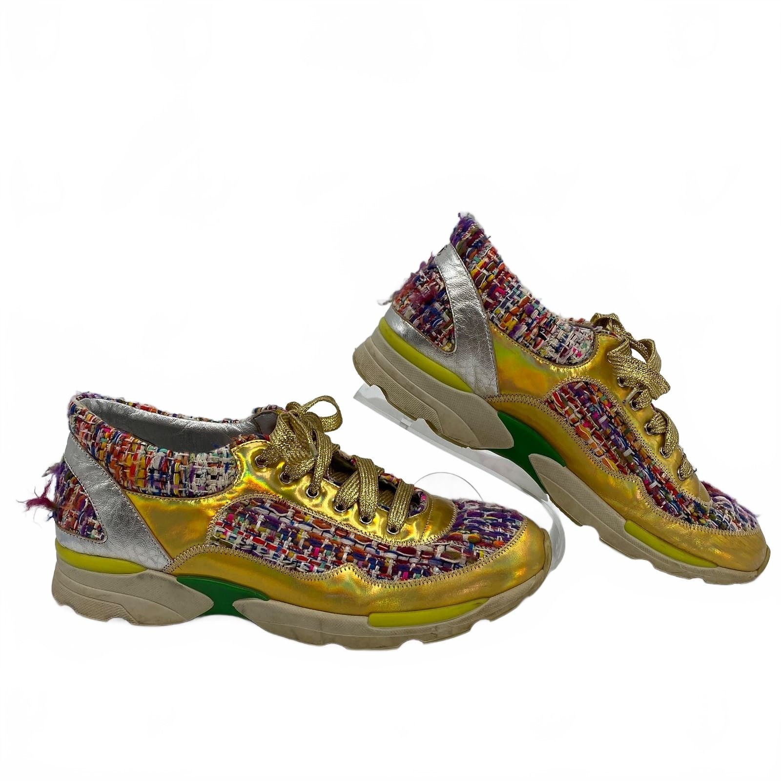 Chanel Gold and Multicolored Tweed Sneakers