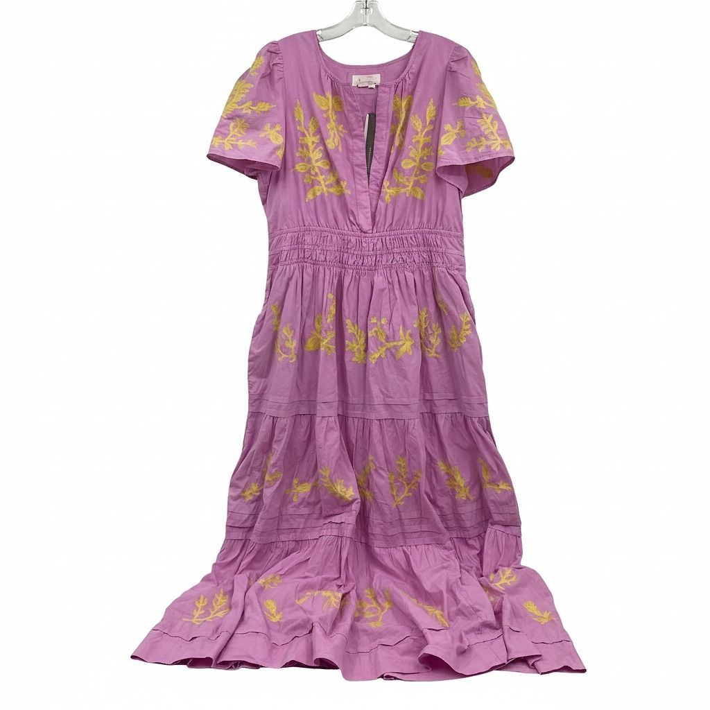 Anthropologie Pink Yellow Embroidered Tiered Maxi Dress
