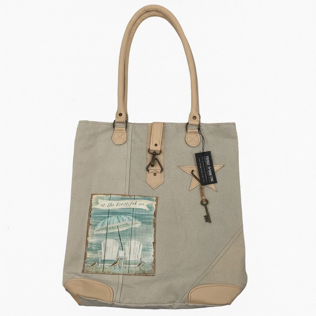 Vintage Addiction Beige Blue Canvas Beautiful Sea Tote