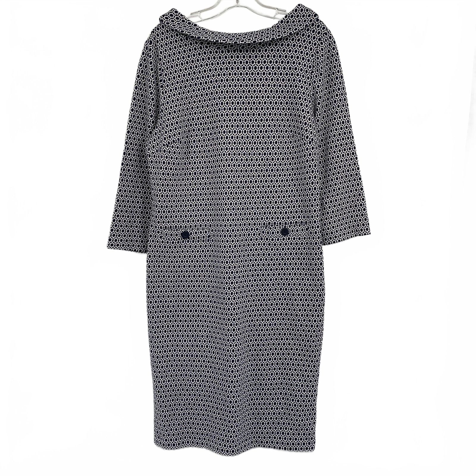 Boden Navy White Patterned Boat Neck Midi Dress
