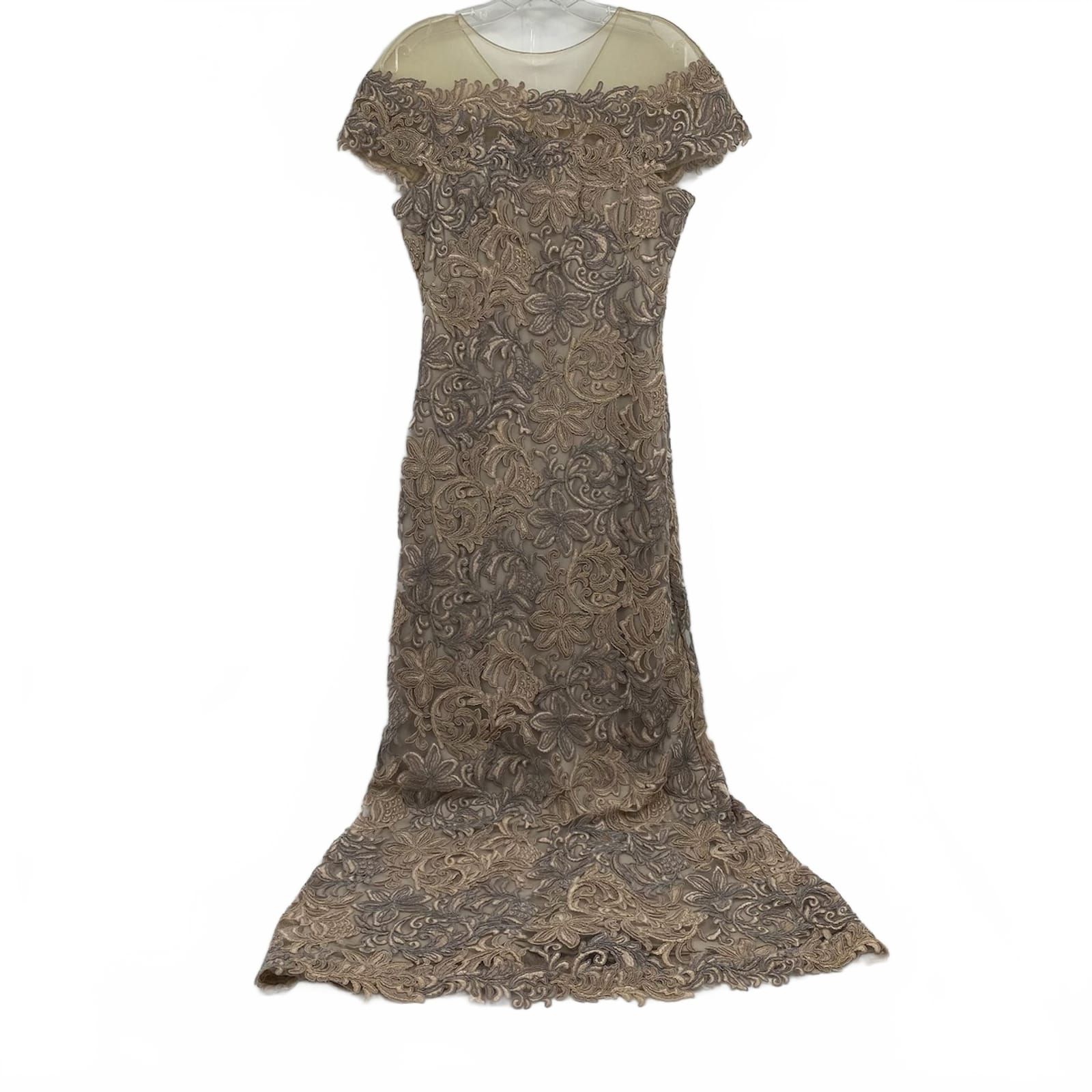 Tadashi Shoji Beige Embroidered Mesh Maxi Dress