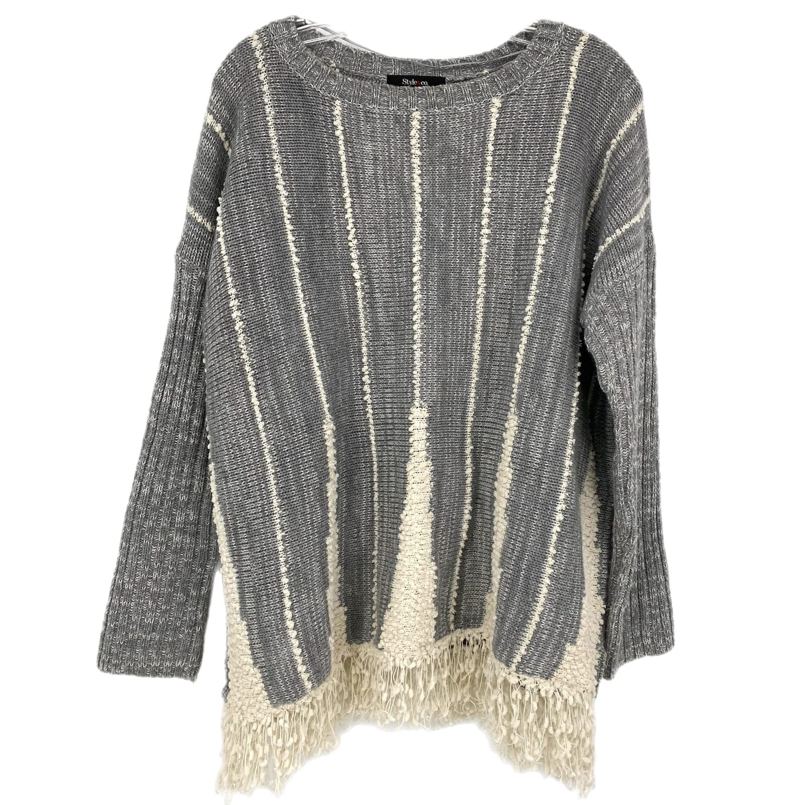 Style & Co. Gray Cream Basic Crew Neck Sweater