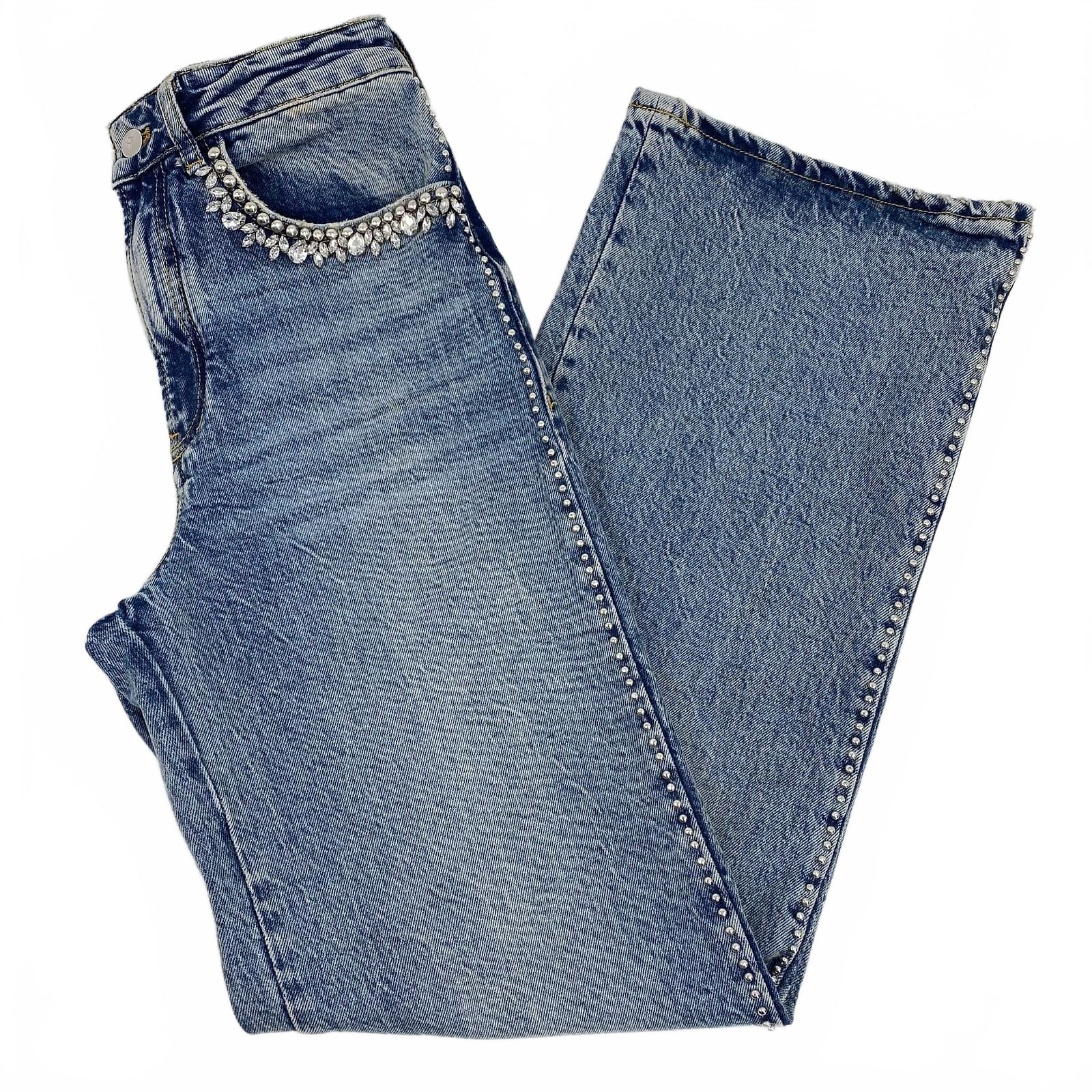 Pilcro and the Letterpress Blue Rhinestone Studded Straight Leg Jeans Womens 25