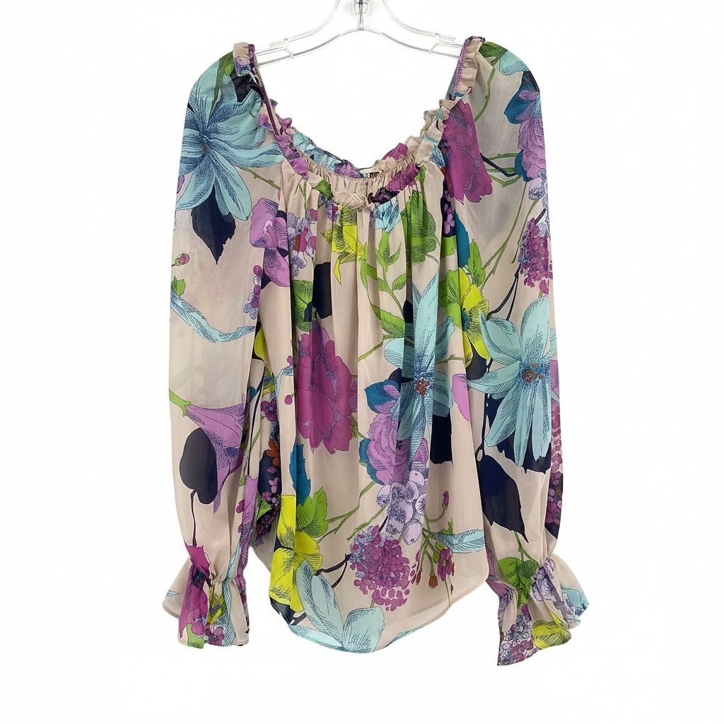 Trina Turk Beige Purple Floral Sophia Puff Sleeve Blouse