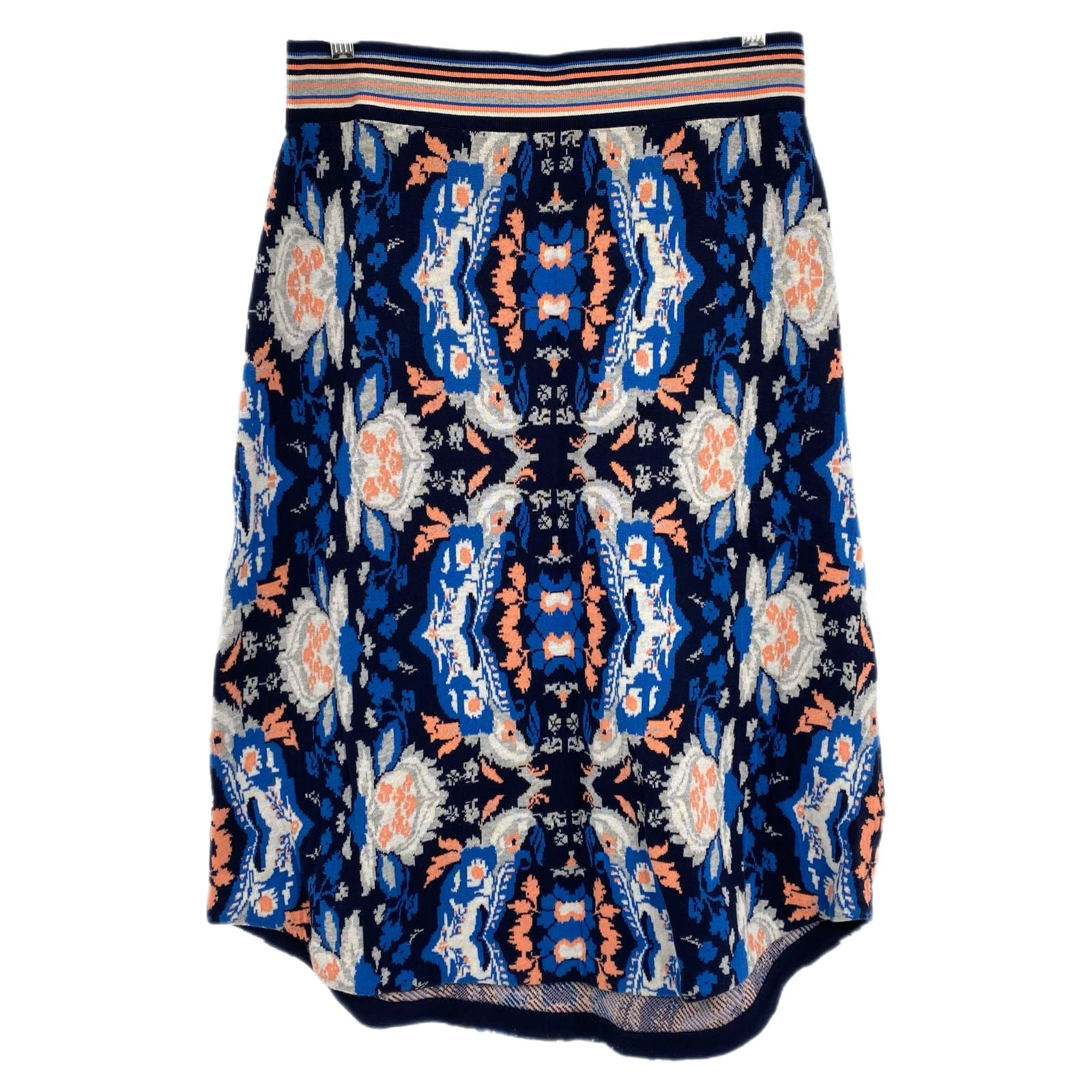 Moth Blue Pink Brocade Pattern A-Line Knit Midi Skirt