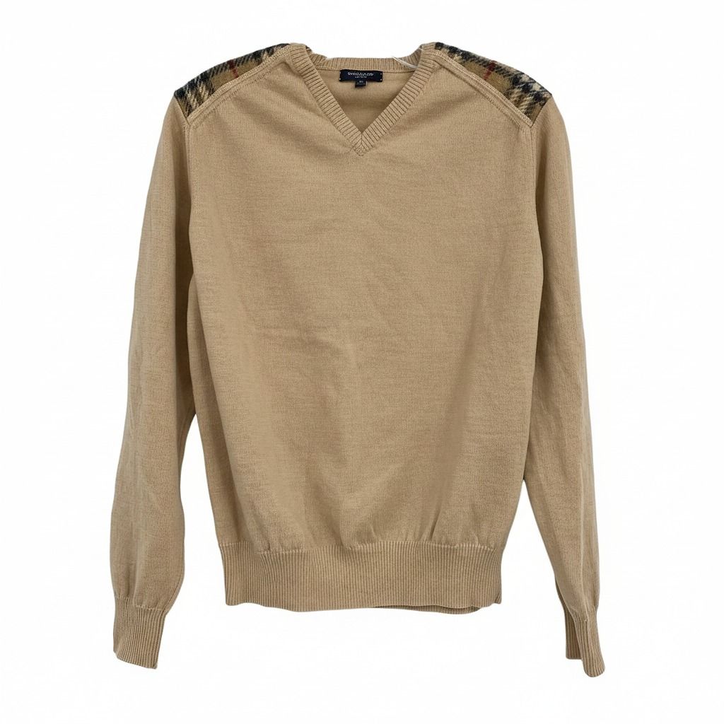 Burberry Tan Nova Plaid Shoulder Merino Wool V-Neck Sweater