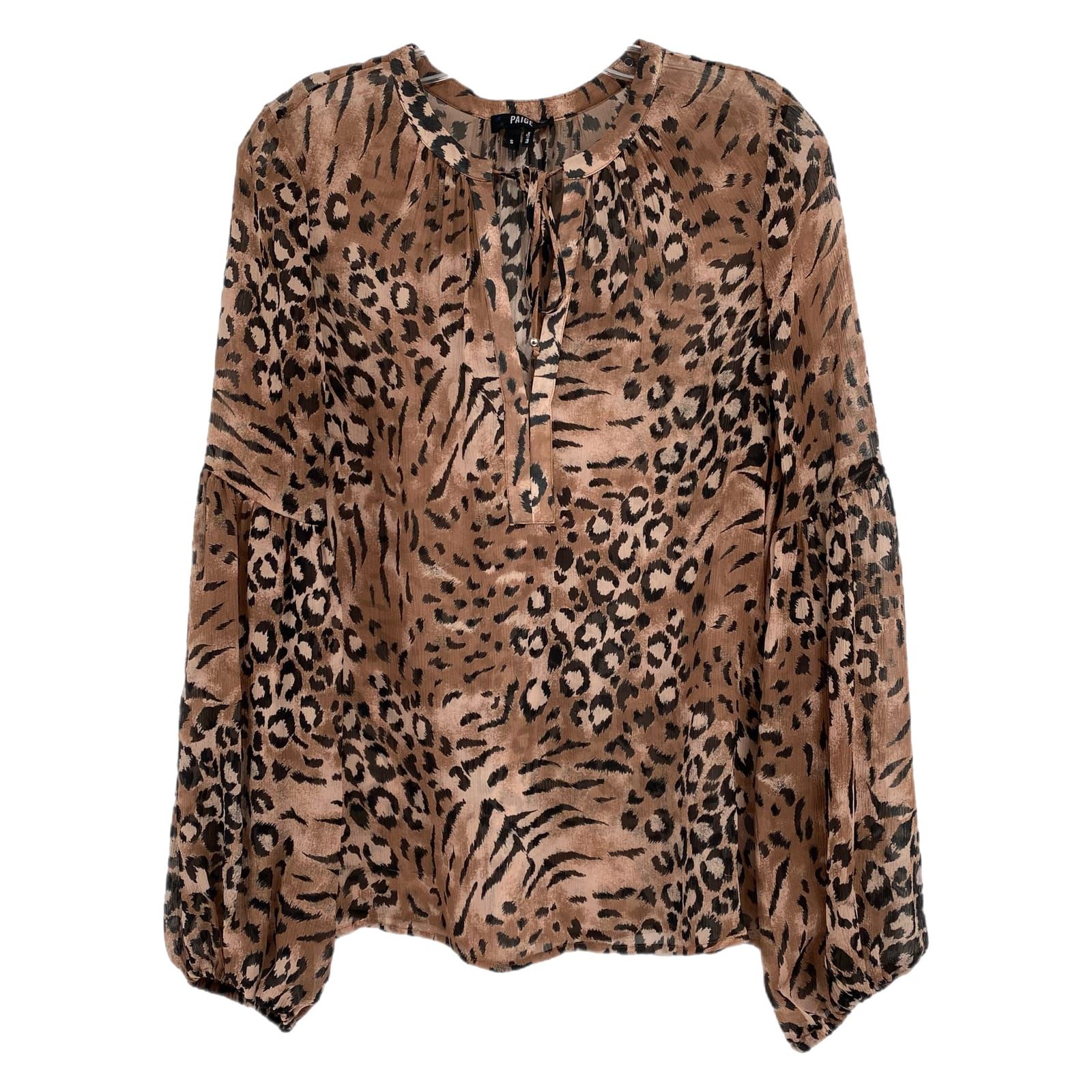 PAIGE Brown Sheer Silk Leopard Print Peasant Blouse
