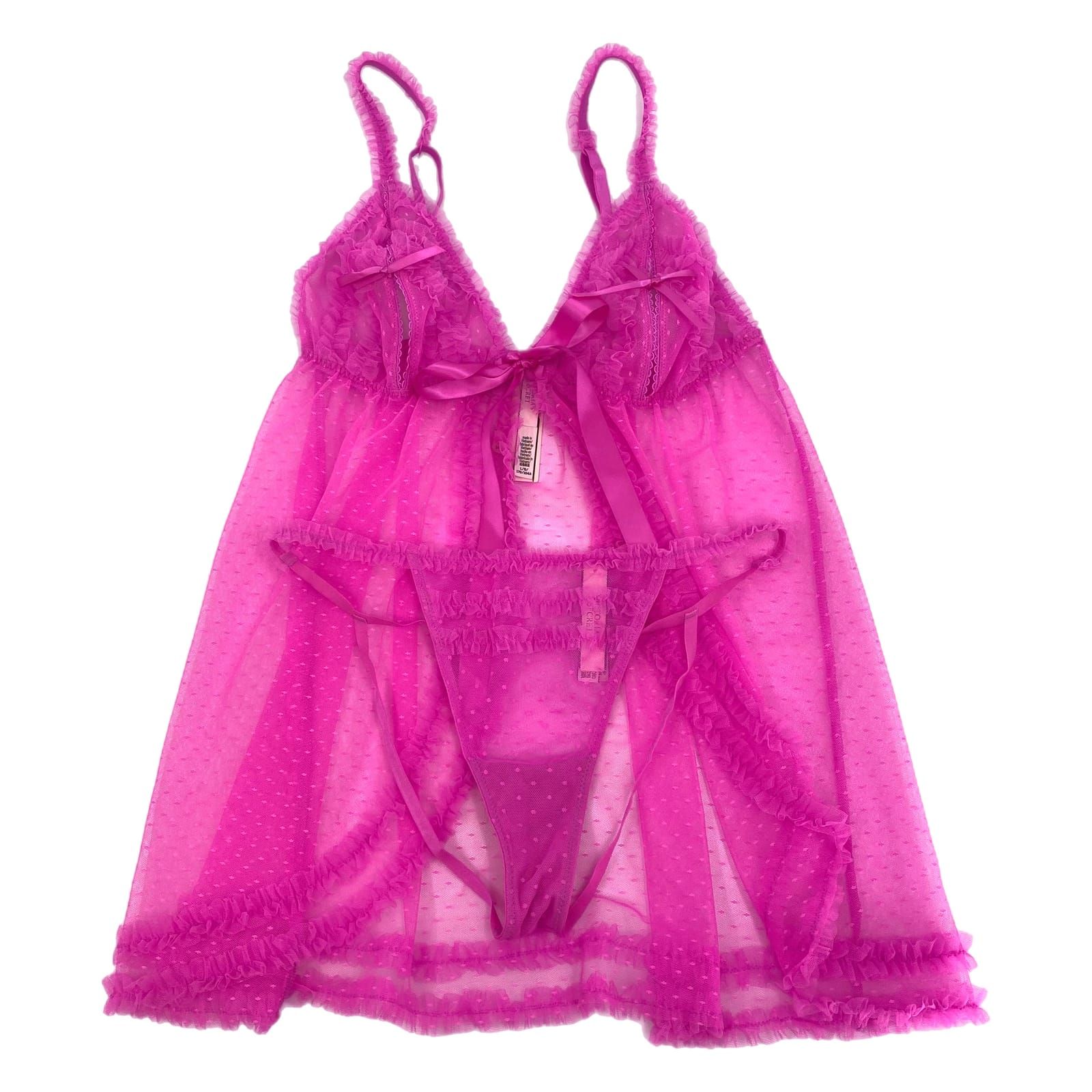 Victoria's Secret Pink Ruffle Polka Dot Mesh Teddy Set