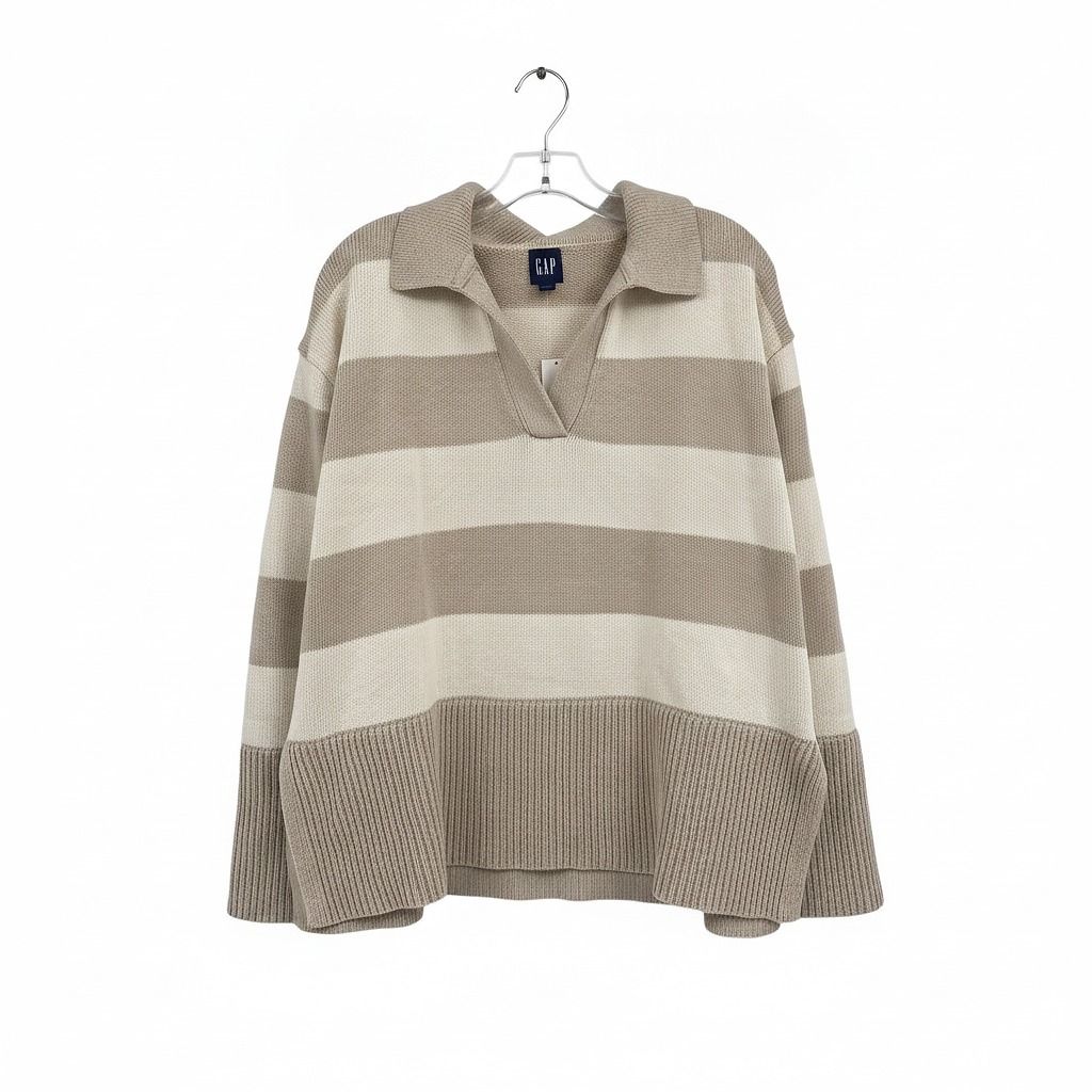 Gap Beige Cream Beige Cream Striped V-Neck Wool Blend Pullover