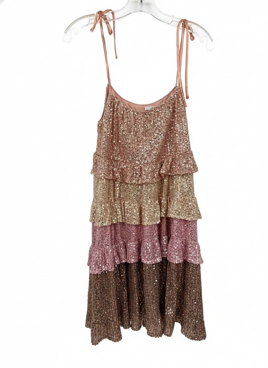 Area Stars Gold Pink Sequin Tiered Dress