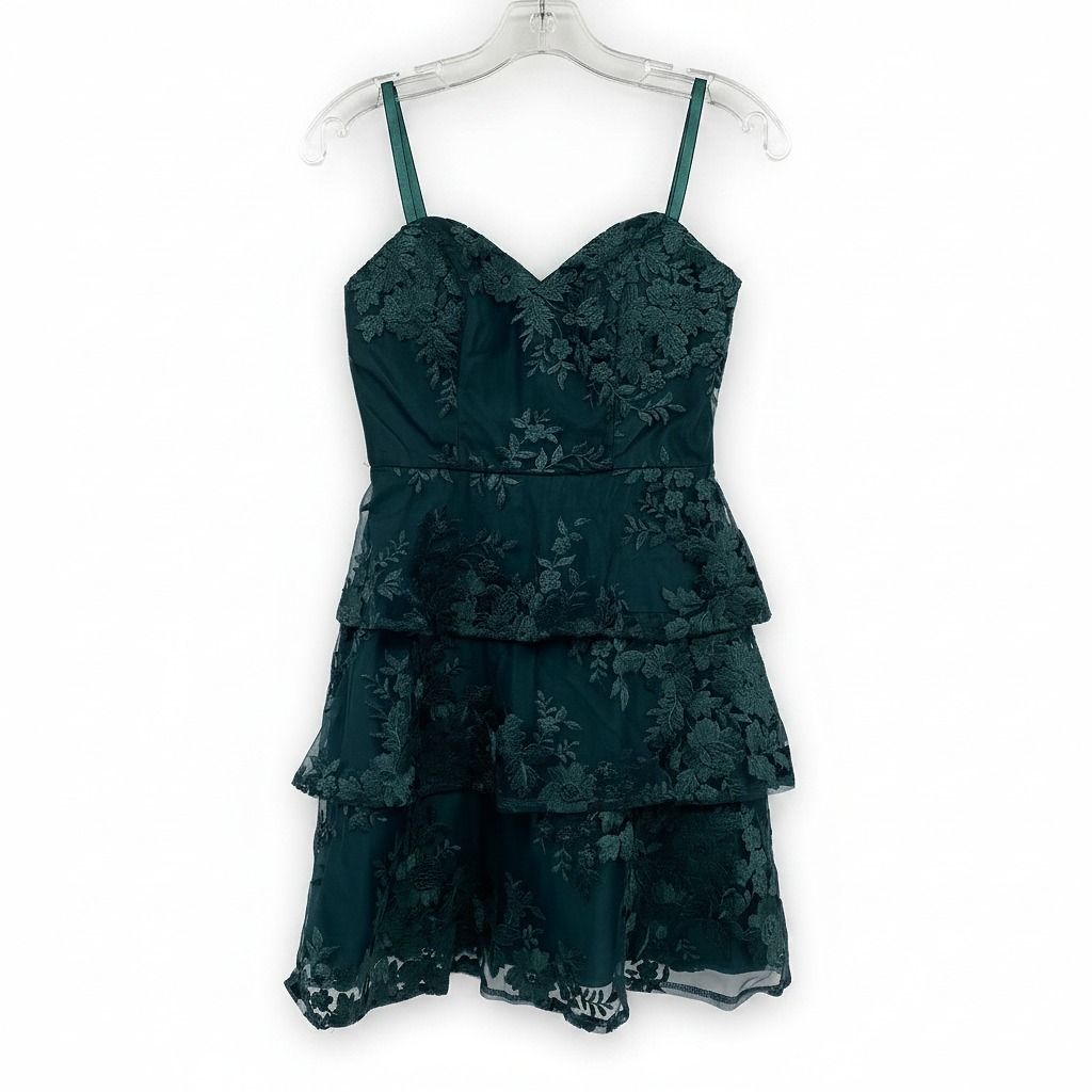 BCX Green Tiered Mesh Floral Mini Dress