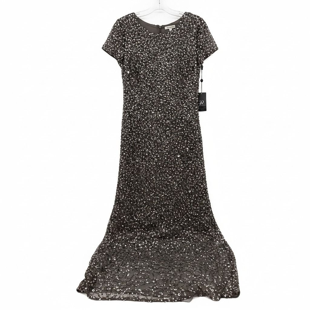 Adrianna Papell Gray Silver Sequin Maxi Gown