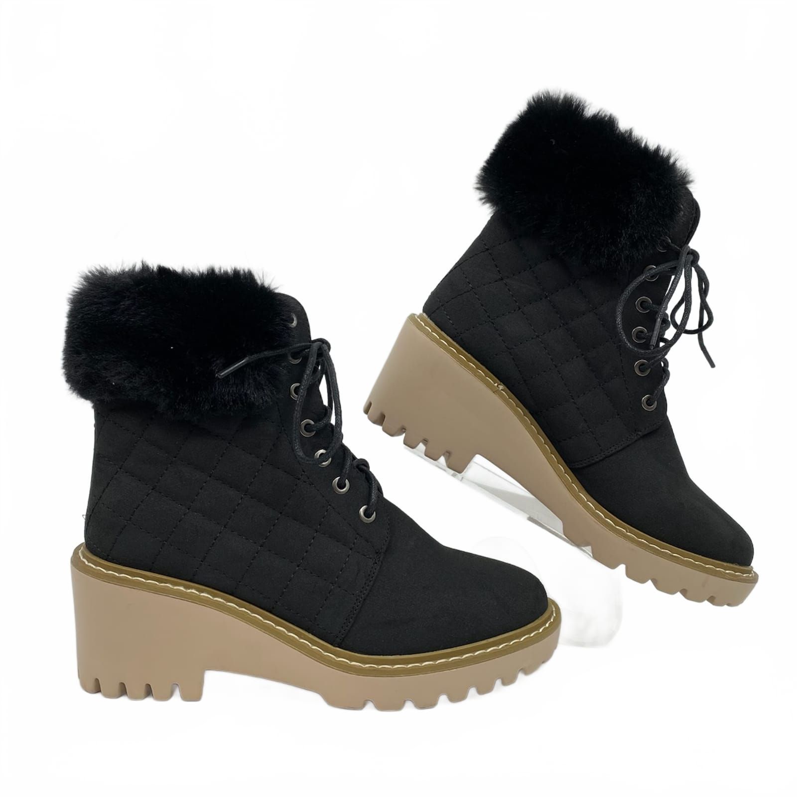 Nicole Miller Black Quilted Wedge Lace-Up Boots