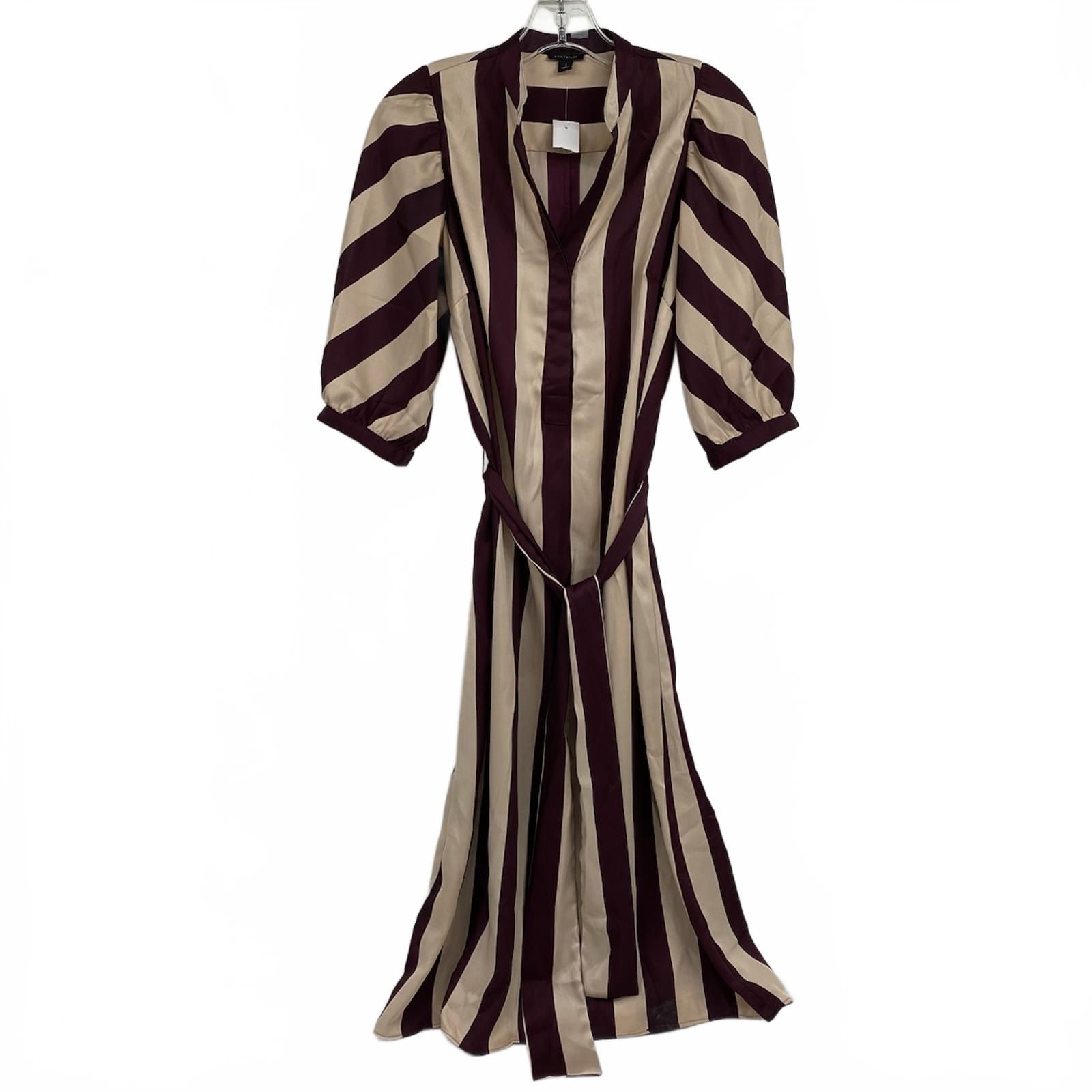 Ann Taylor Purple Beige Satin Puff Sleeve Midi Dress
