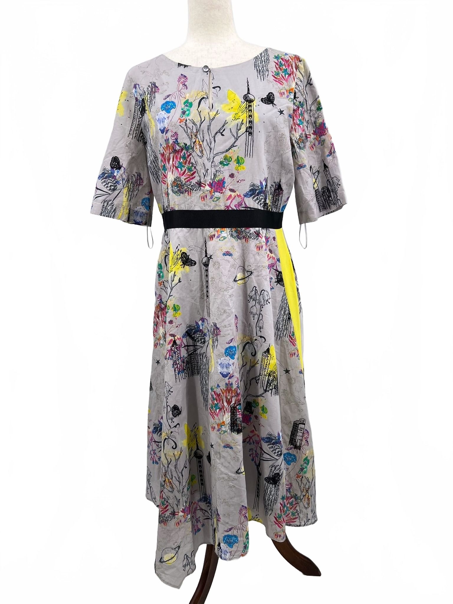 Fee G Gray Cotton Midi A-Line Dress with Belt