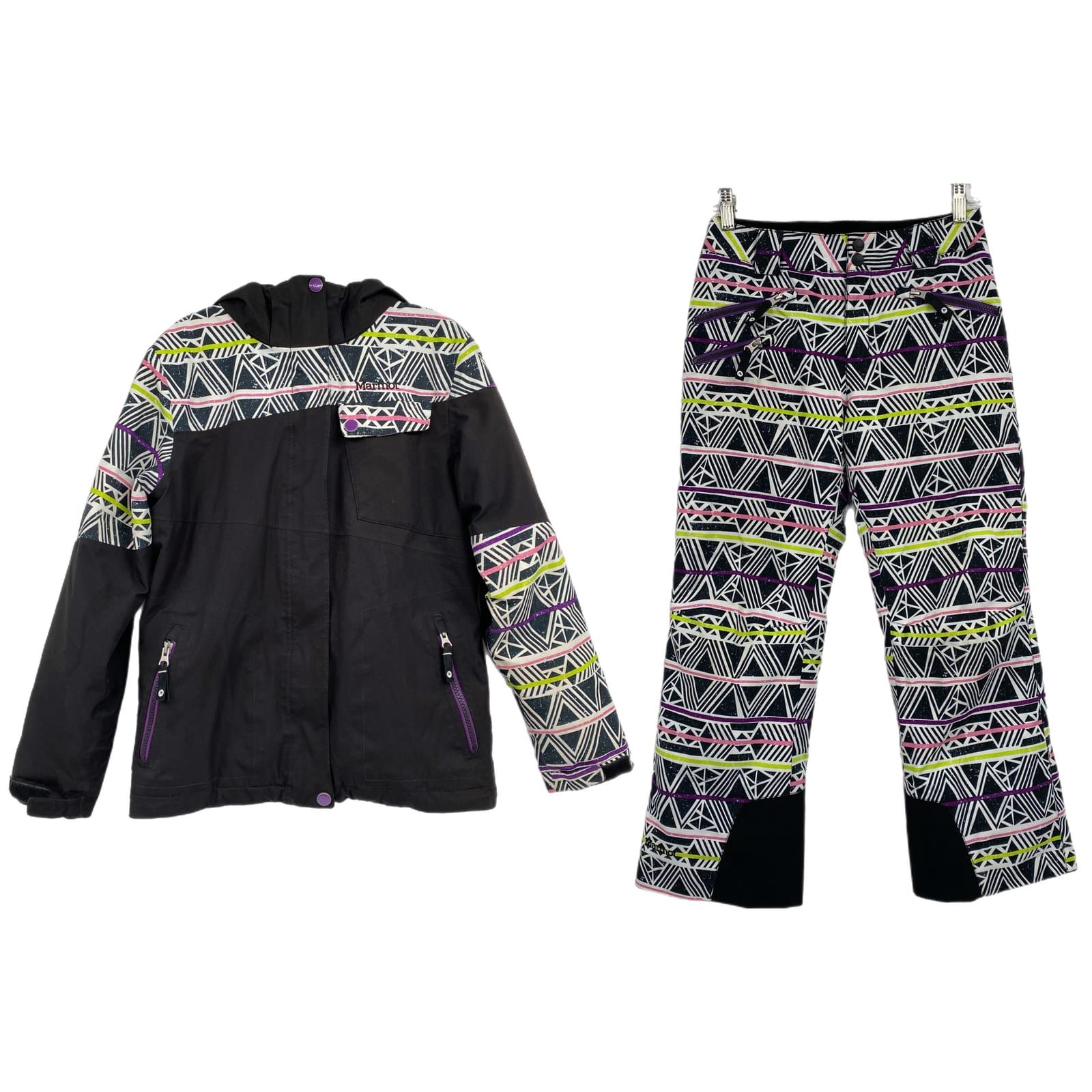 Marmot Girls Black Purple Geometric Ski Coat & Snow Pants Set