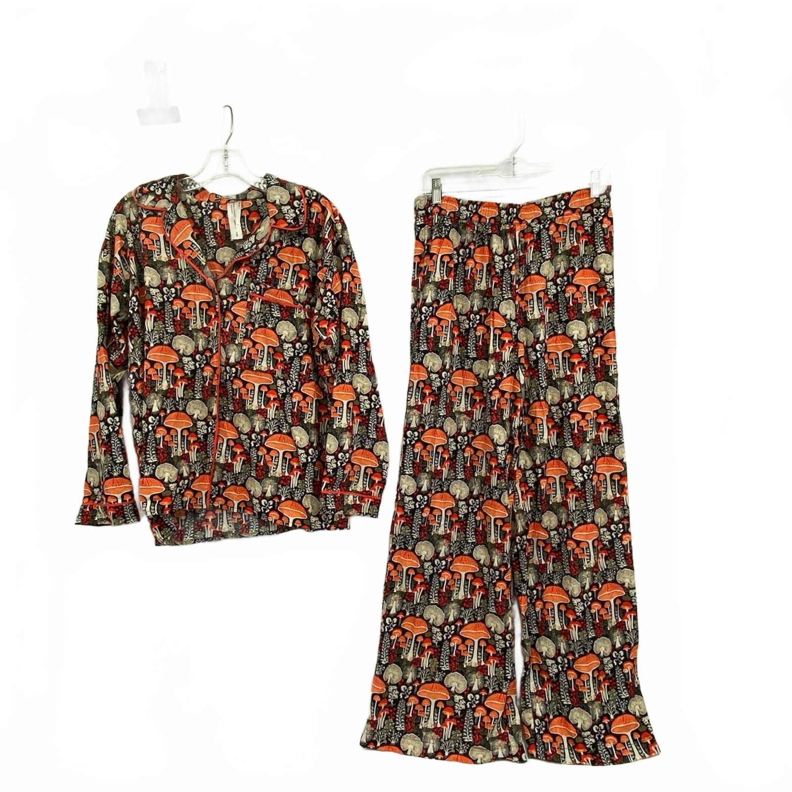 Real Fun Wow Anthropologie Black Orange Mushroom Flannel Pajama Set