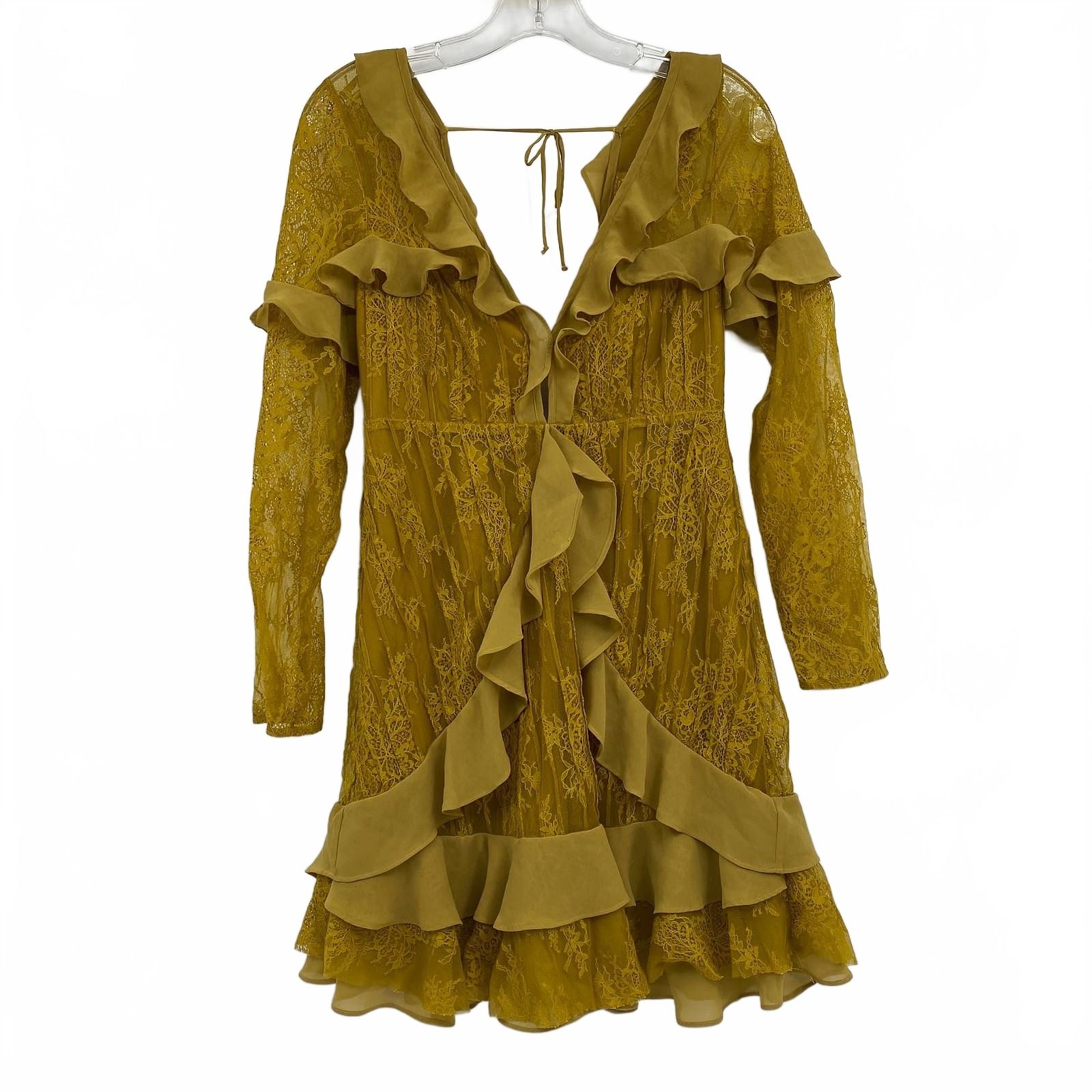 For Love And Lemons Chartreuse Lace Ruffle Mini Dress
