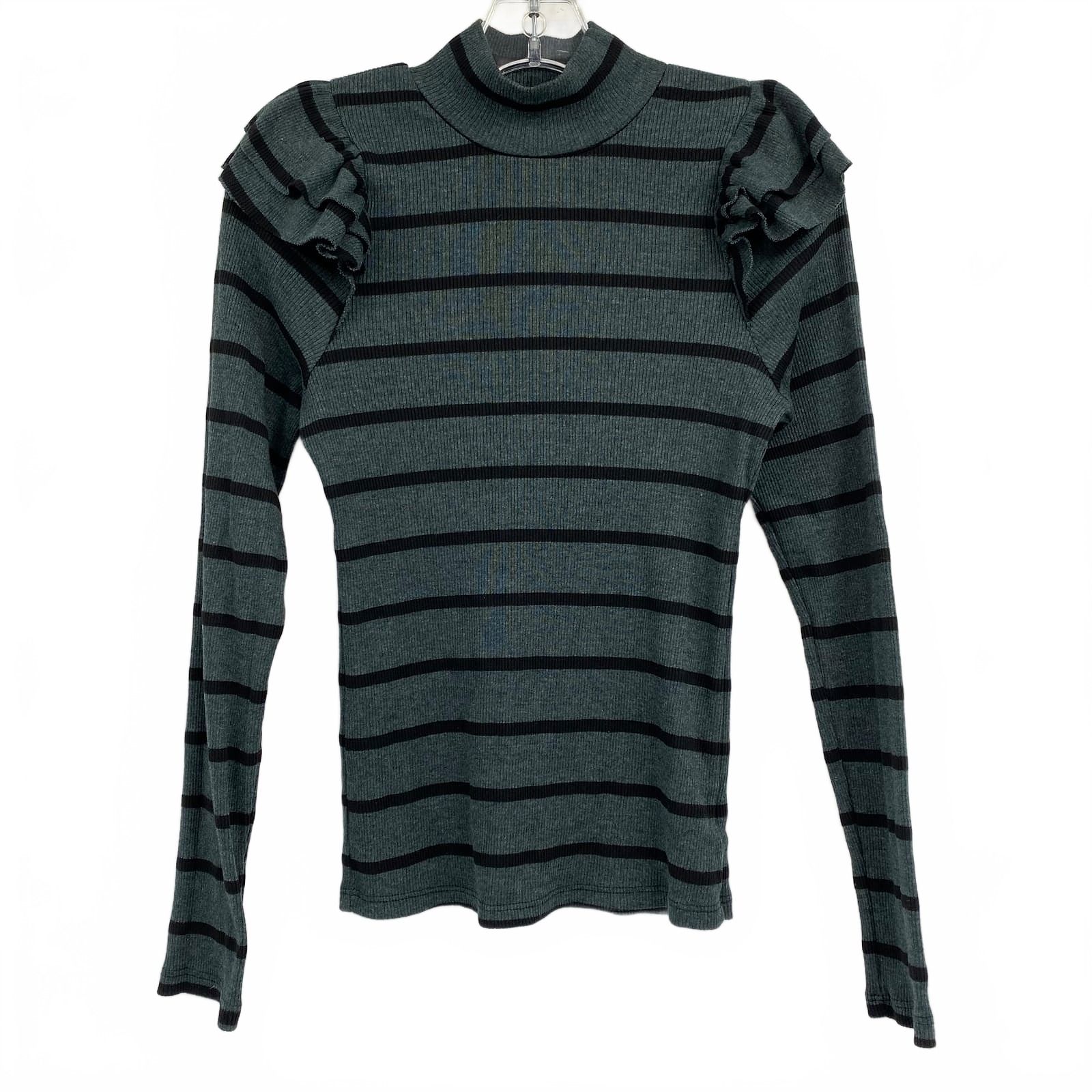 T.La Green Black Rib Knit Ruffle Shoulder Striped Long Sleeve Top