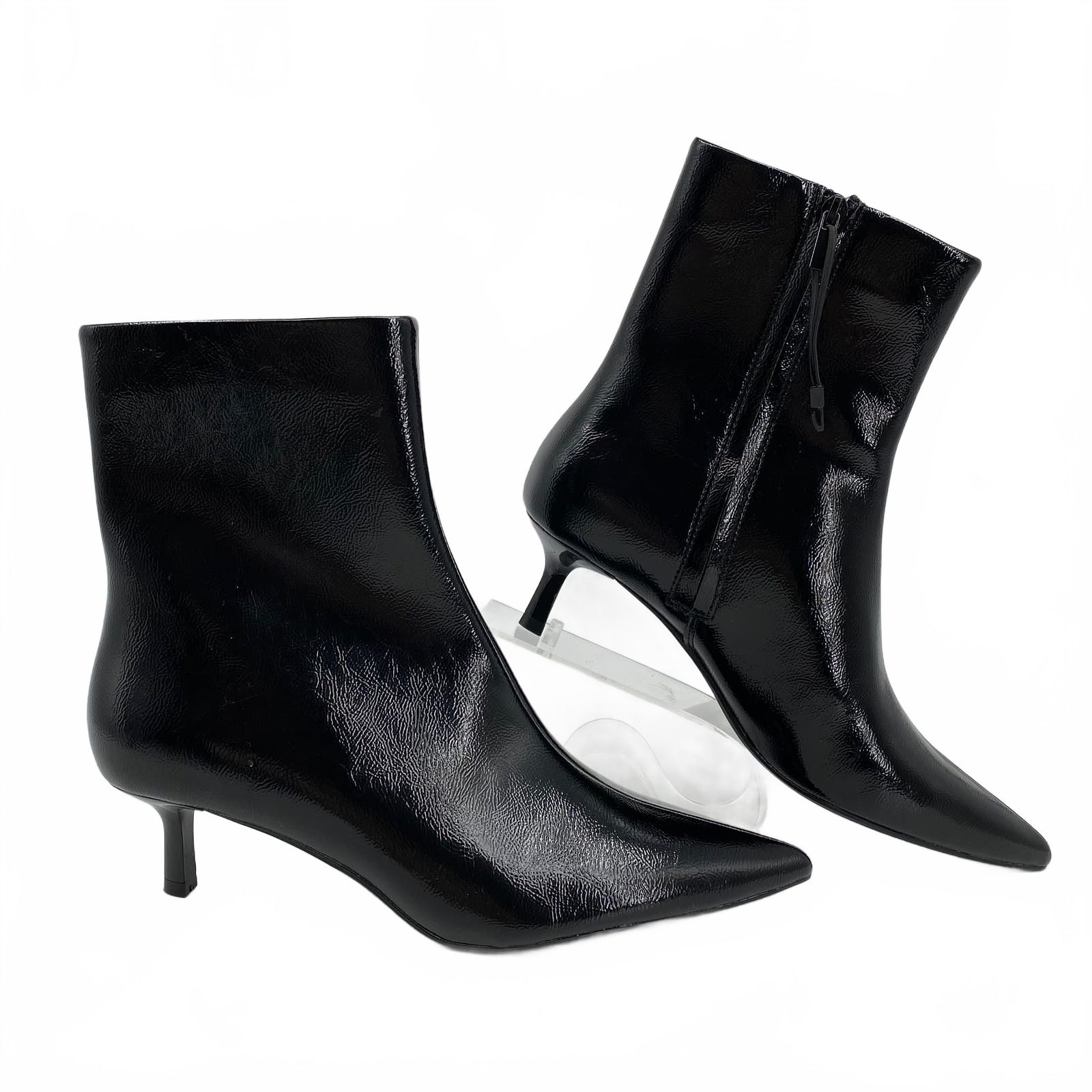 Zara Black Faux Patent Leather Pointed Toe Kitten Heel Boots