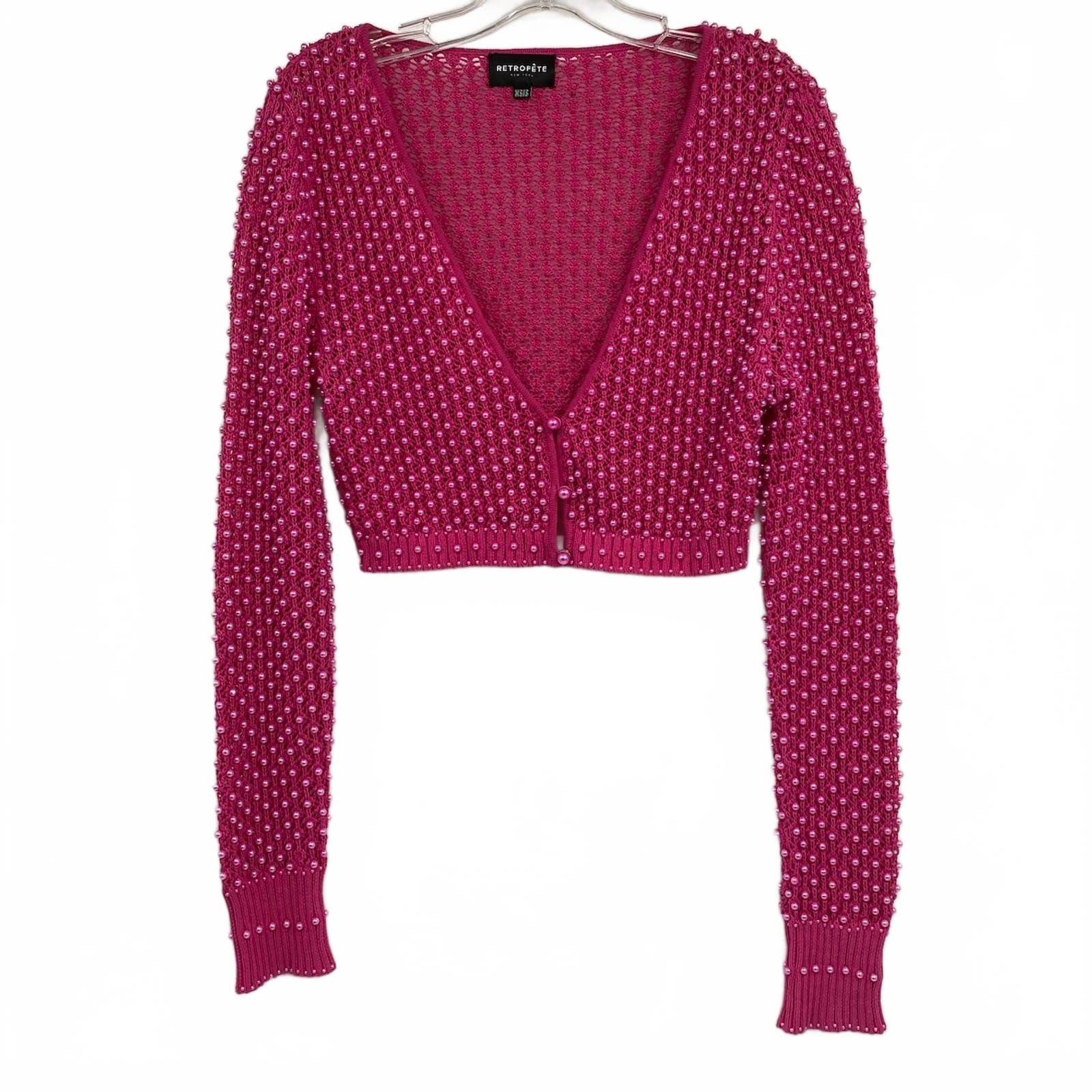 Retrofete Pink Beaded Cropped Cardigan