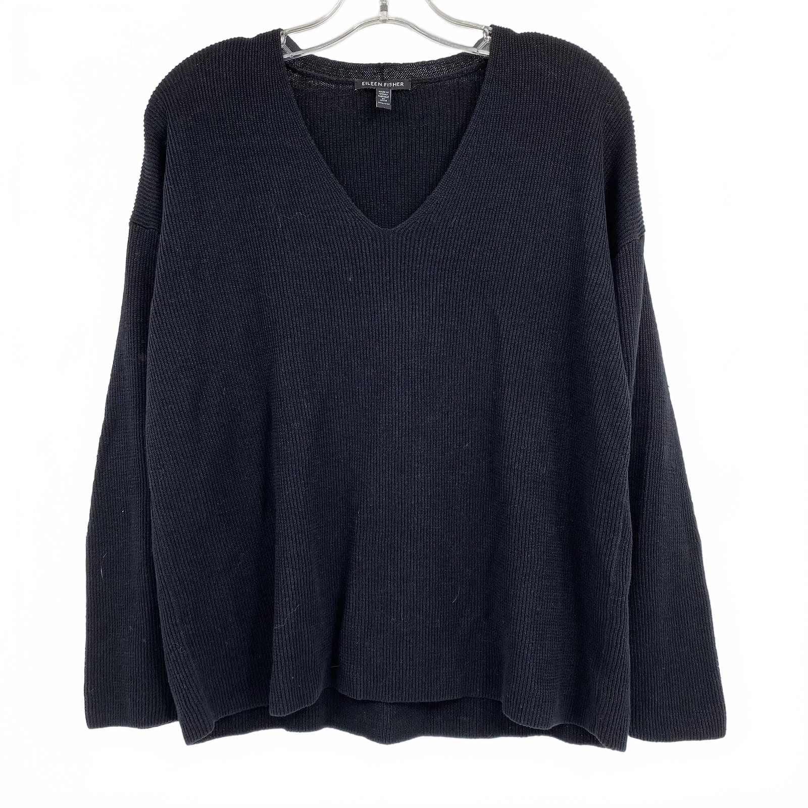 Eileen Fisher Black Linen & Cotton Knit V-Neck Sweater