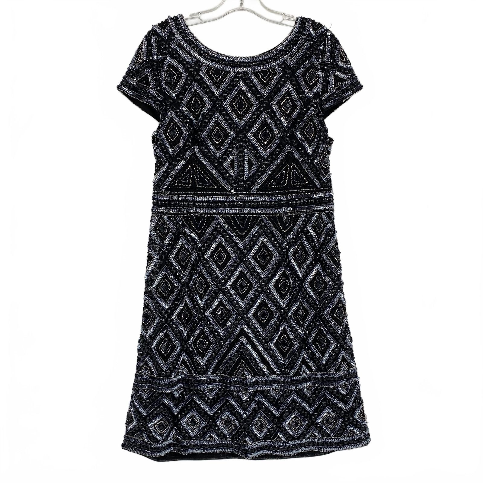 Adrianna Papell Black Silver Geometric Beaded Rhinestone Sequin Mini Dress
