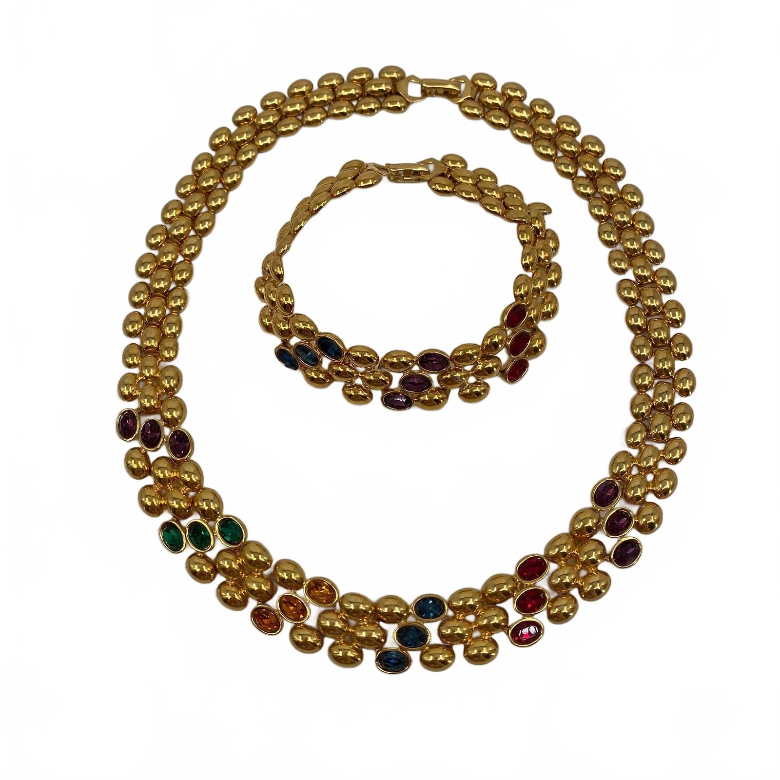 Napier Gold Tone and Multicolor Chain Style Necklace and Bracelet Set