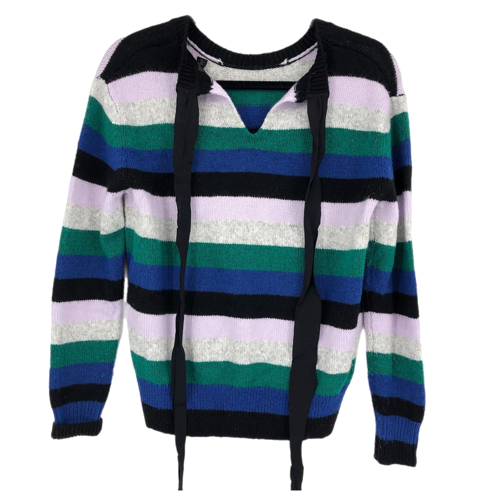 Halogen Black & Green Striped V-Neck Sweater