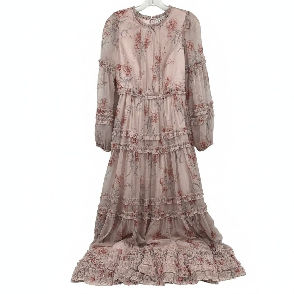 Ivy City Pink Gray Maxi Dress Floral Print Ruffle