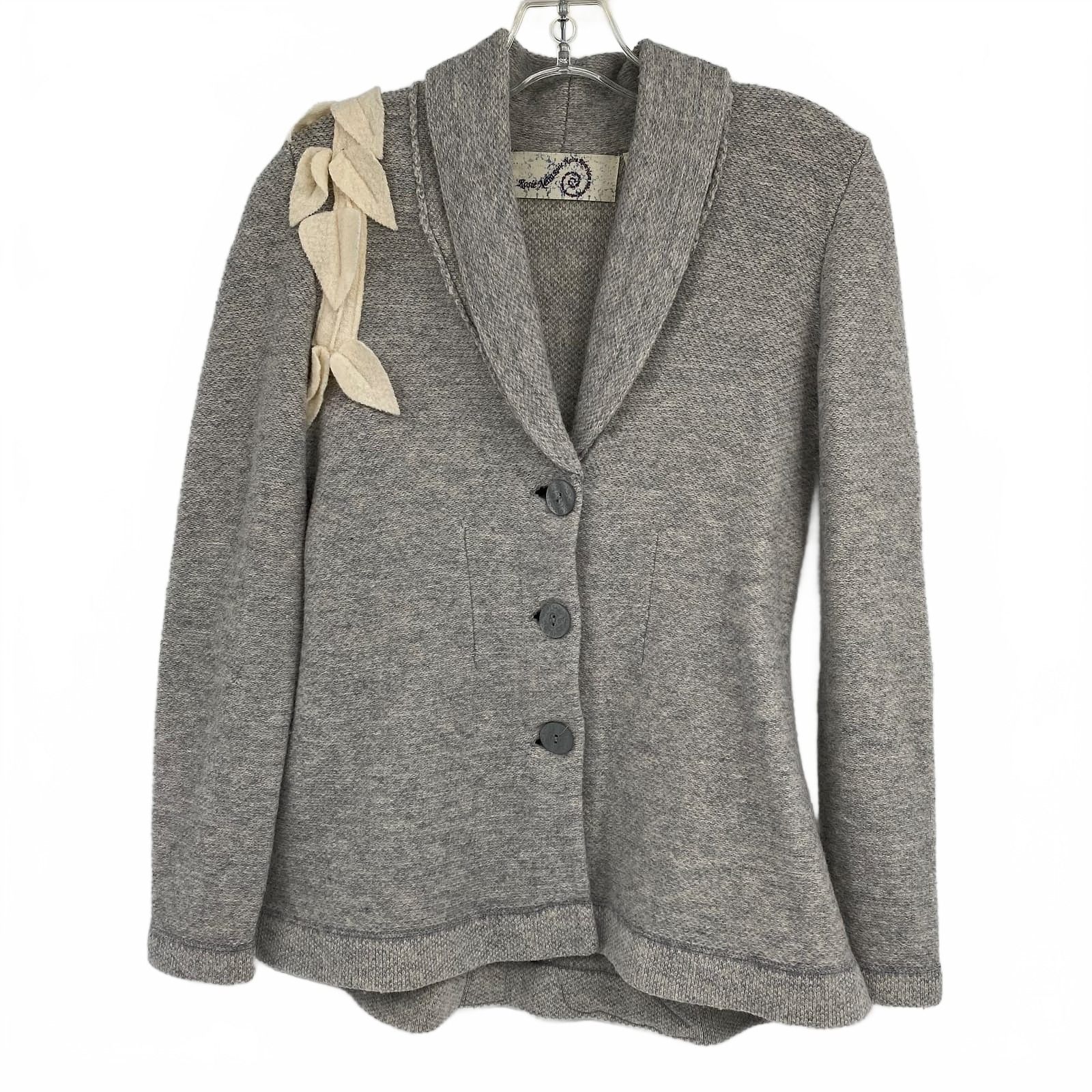 Rosie Neim Gray White Cardigan Leaf Detail Knit