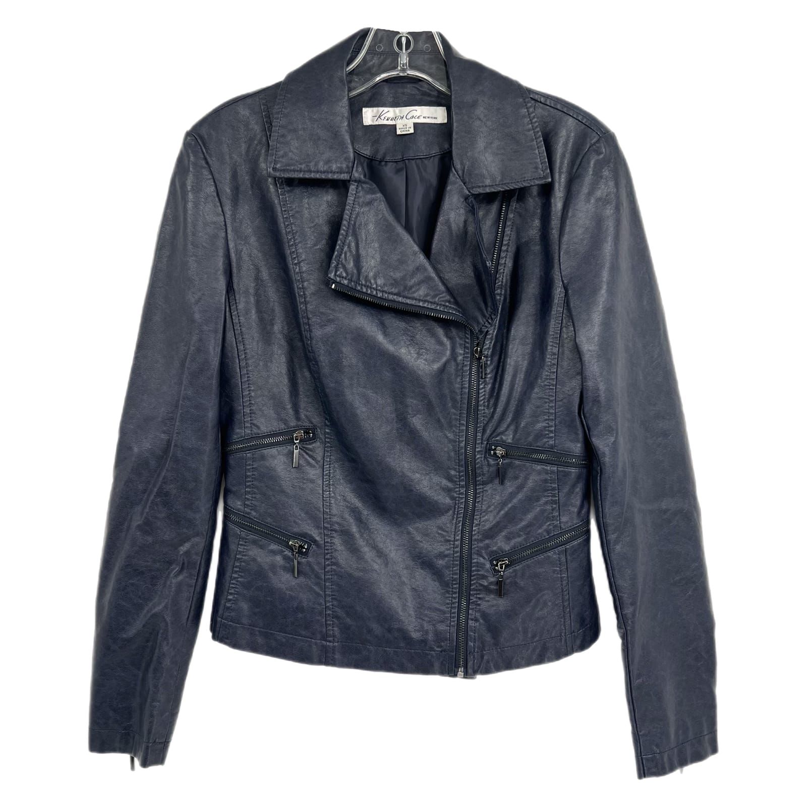 Kenneth Cole Blue Biker Pleather Jacket