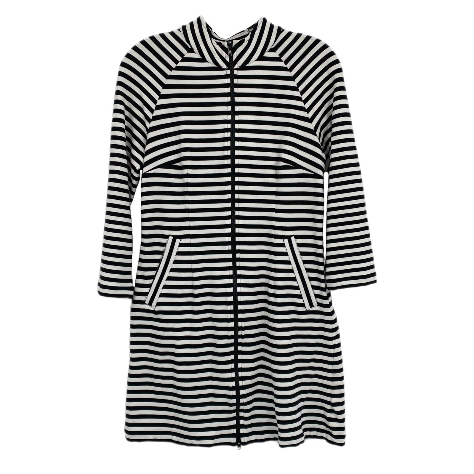 CAbi Black White Striped Long Zip-Up Jacket