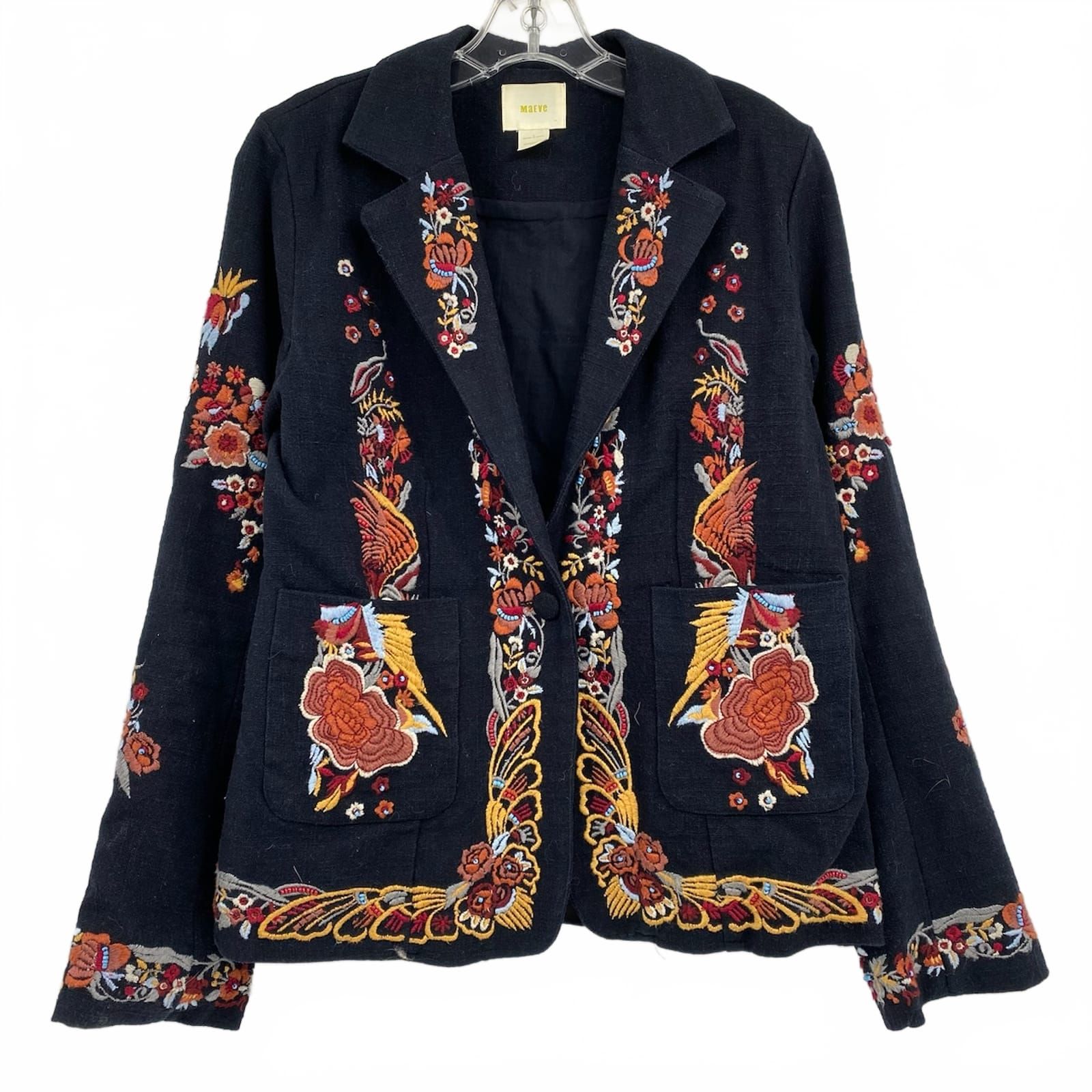 Maeve Black Orange Floral Embroidered Blazer