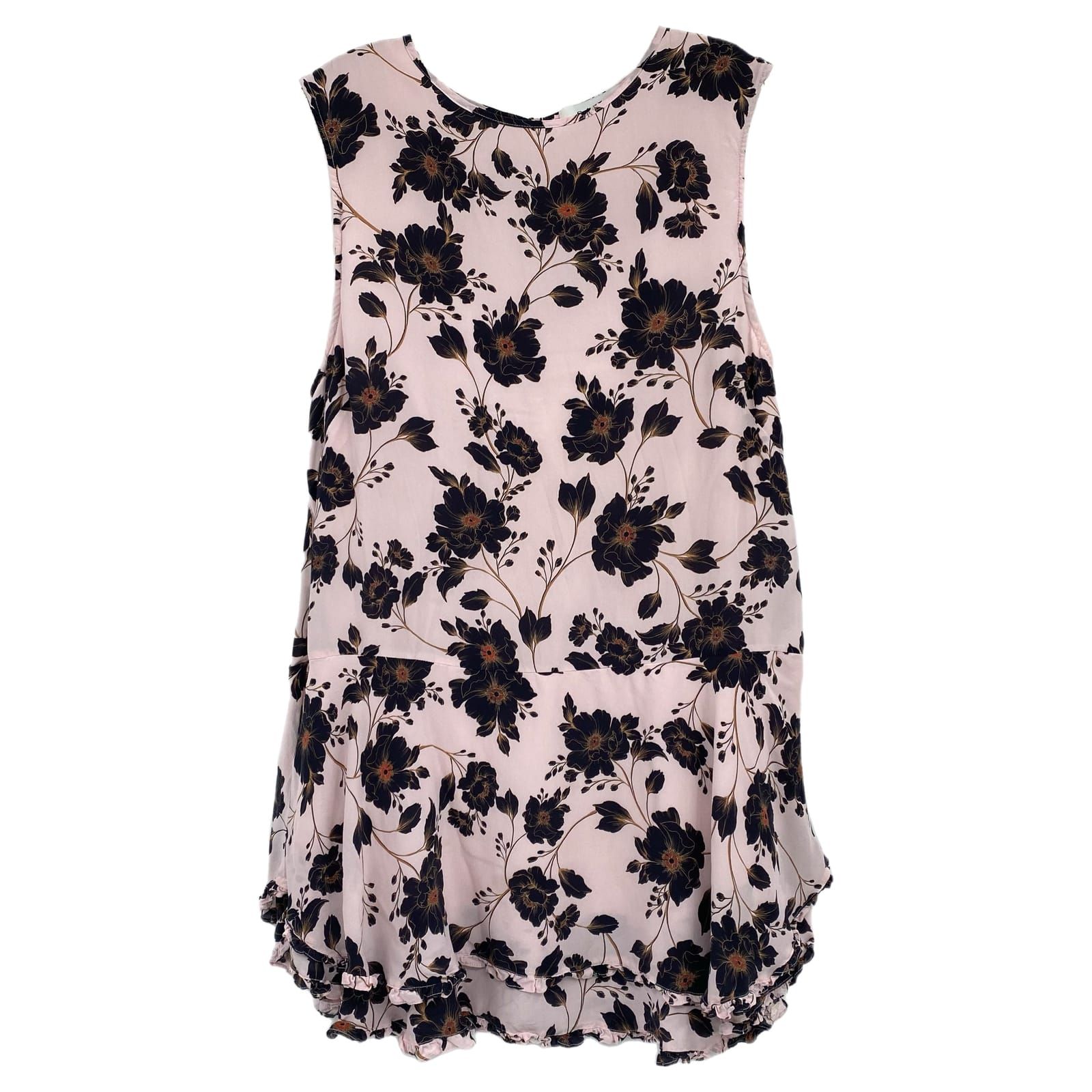 Soleiluna Pink Black Floral Ruffle Hem Mini Dress