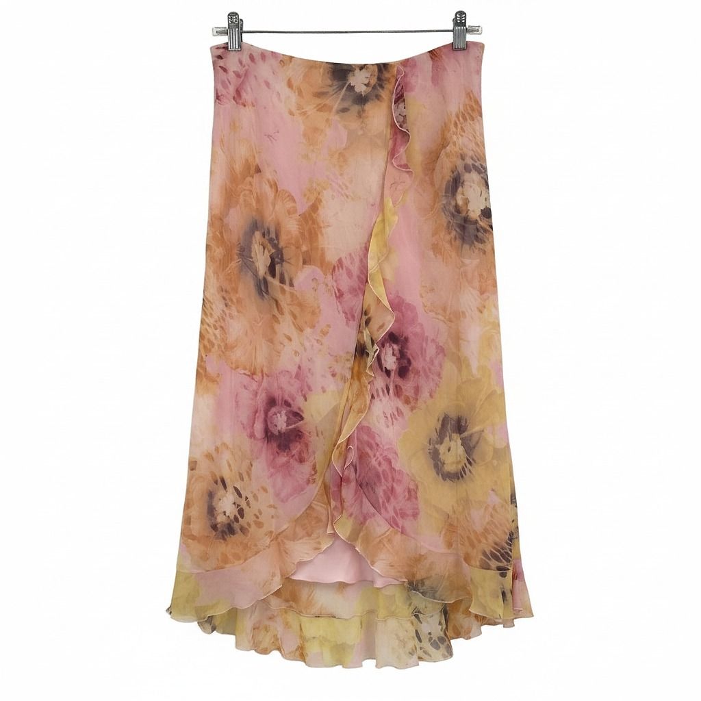 Escada Pink Yellow Floral Silk Ruffle Midi Skirt