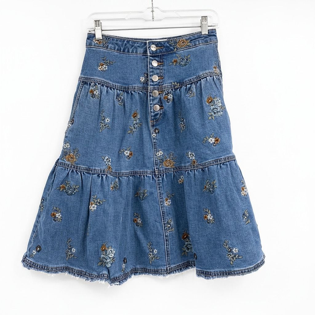 DRIFTWOOD Blue Embroidered Midi Skirt