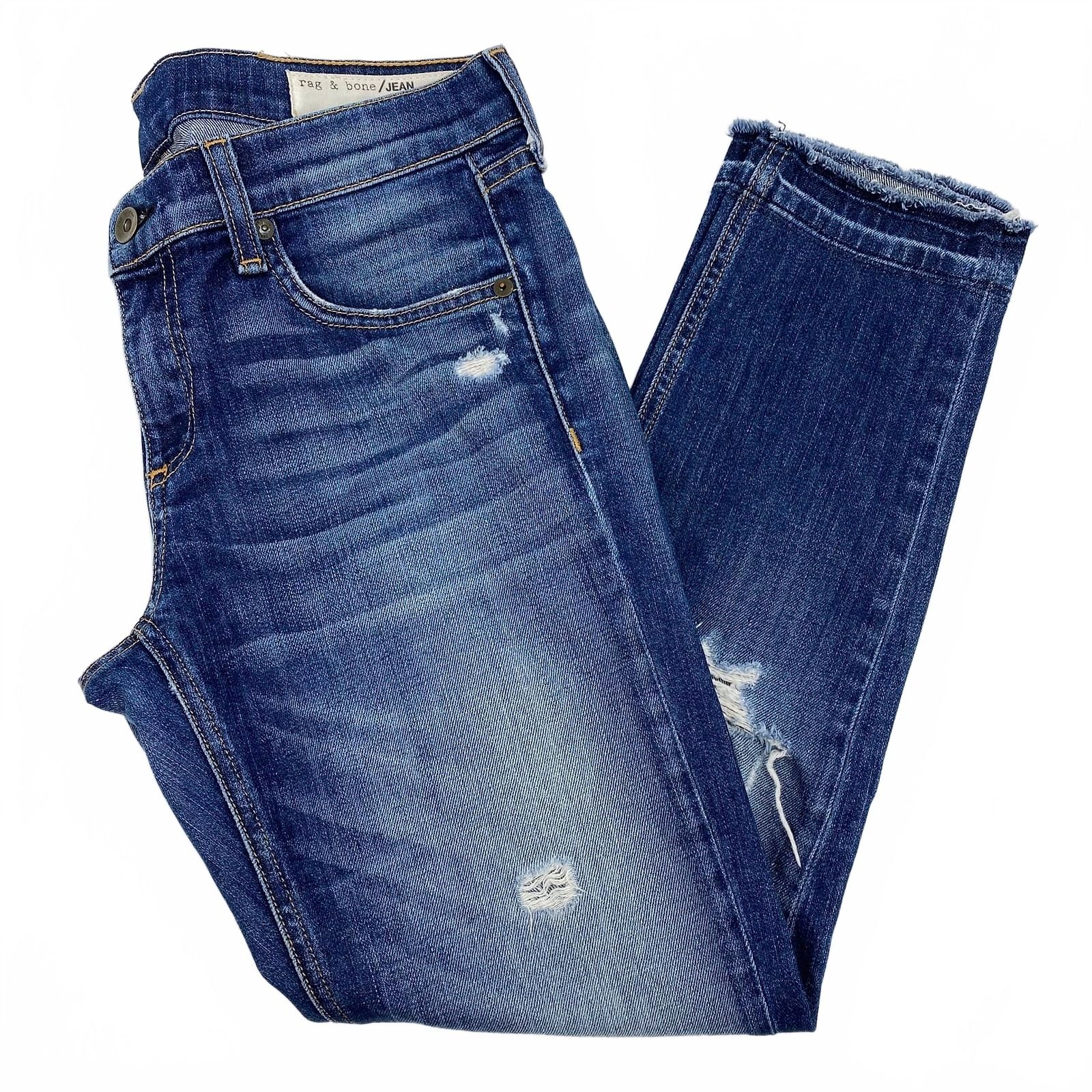 rag & bone Blue Straight Leg Jeans Dark Wash Distressed