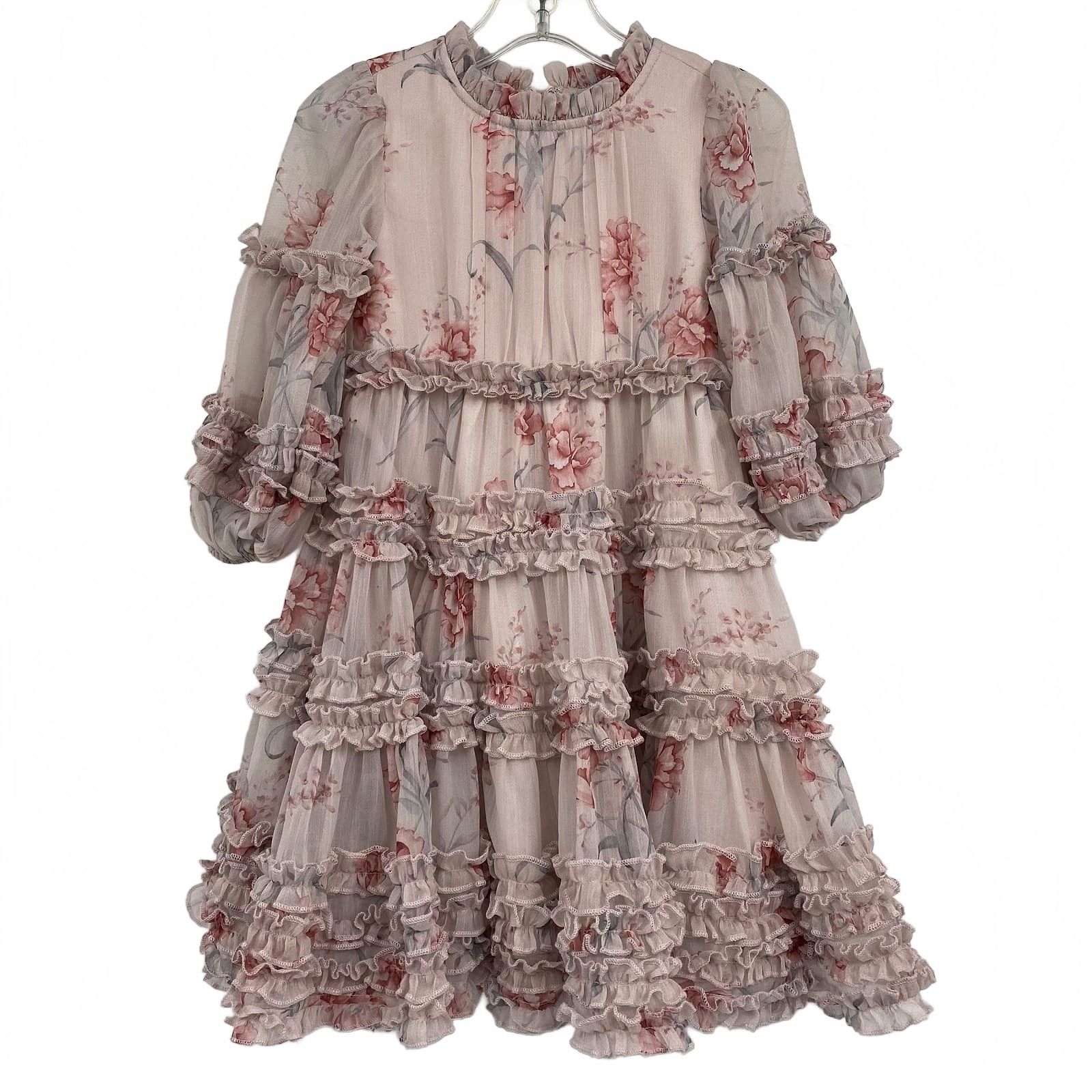 Ivy City Pink Gray Floral Ruffle Dress