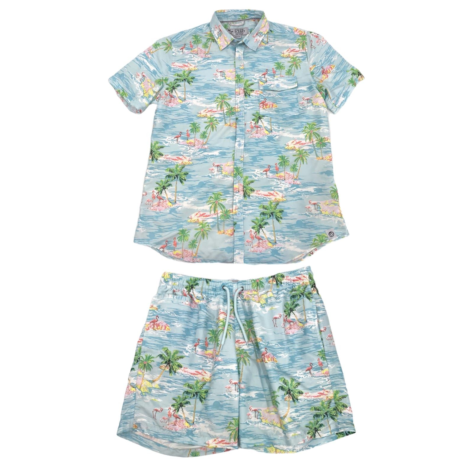 Free Planet Blue Pink Tropical Flamingo Print Button-Up Shirt & Swim Trunks Set
